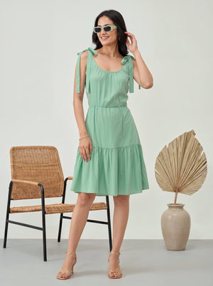 Mint Tie-Shoulder Tiered Dress