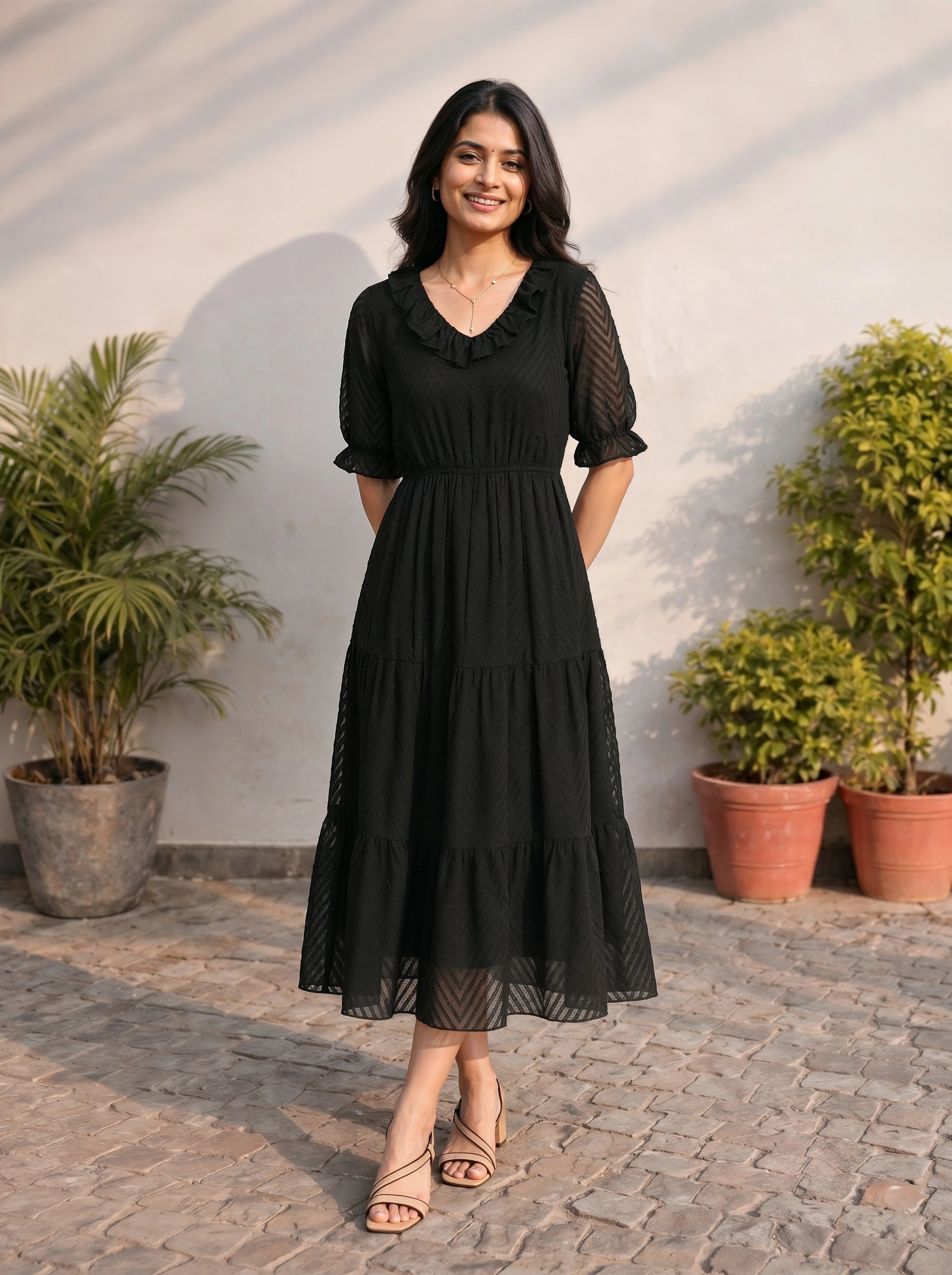 Woman wearing a black dress standing outdoors with plants in the background