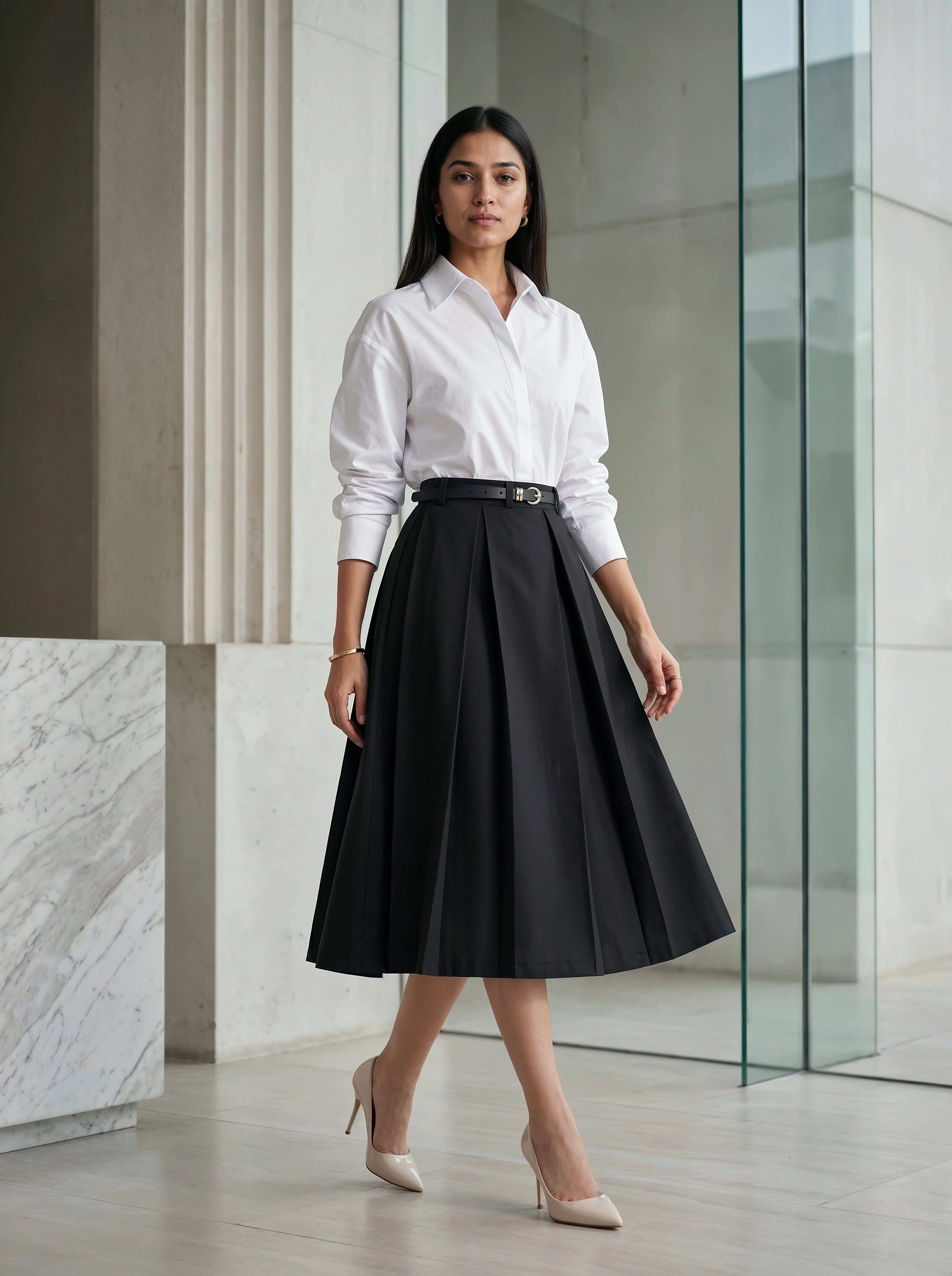 Woman wearing a white shirt and black skirt in an indoor setting