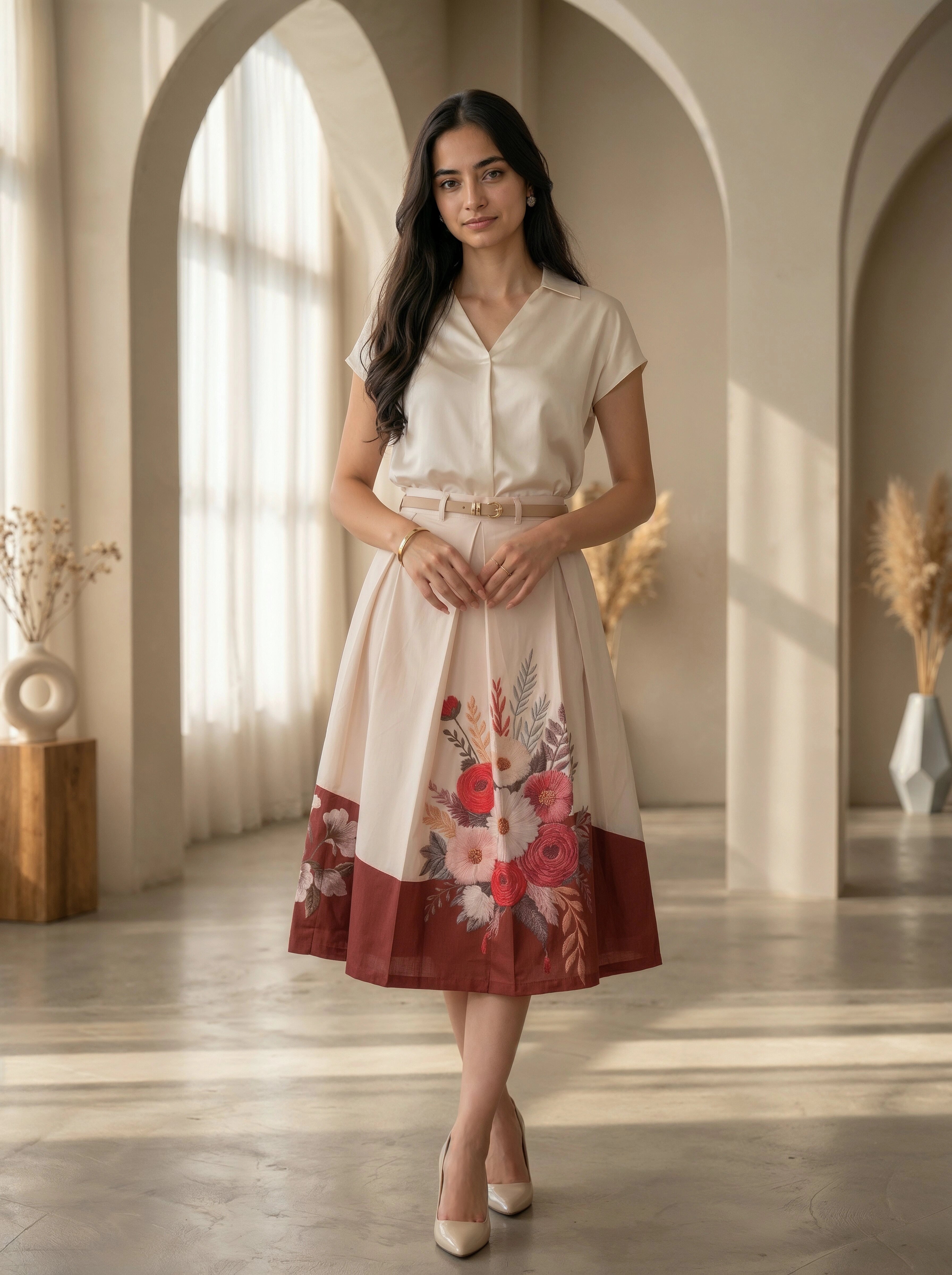 Woman wearing a cream dress with floral embroidery in a sunlit room