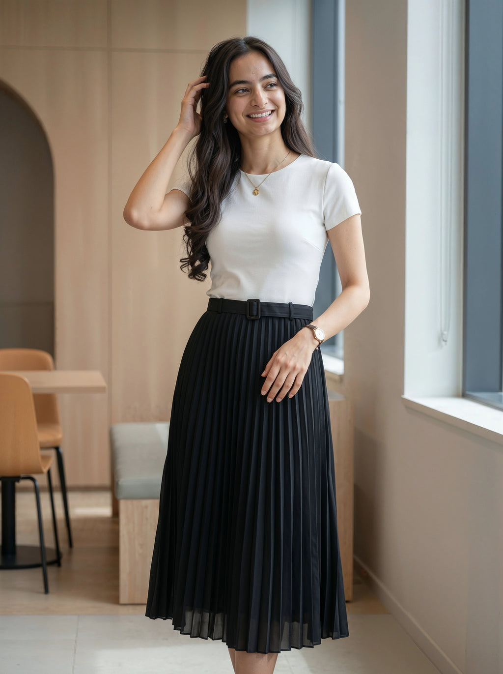 Woman in a white top and black pleated skirt standing indoors.