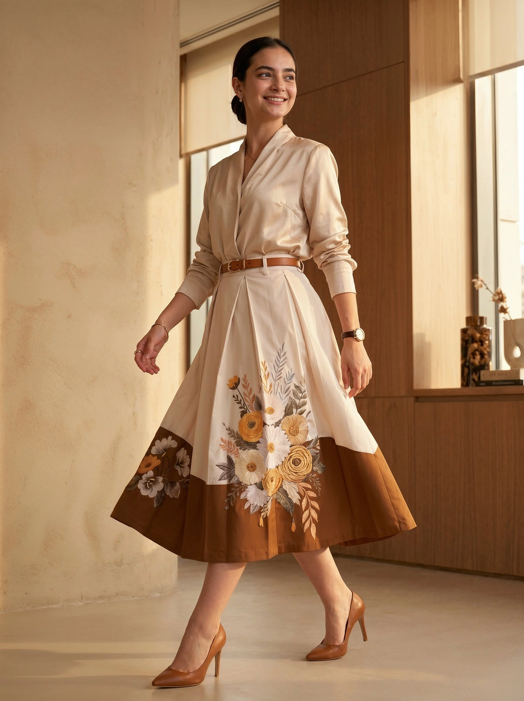 Woman wearing a beige dress with floral embroidery in a warm-toned room.