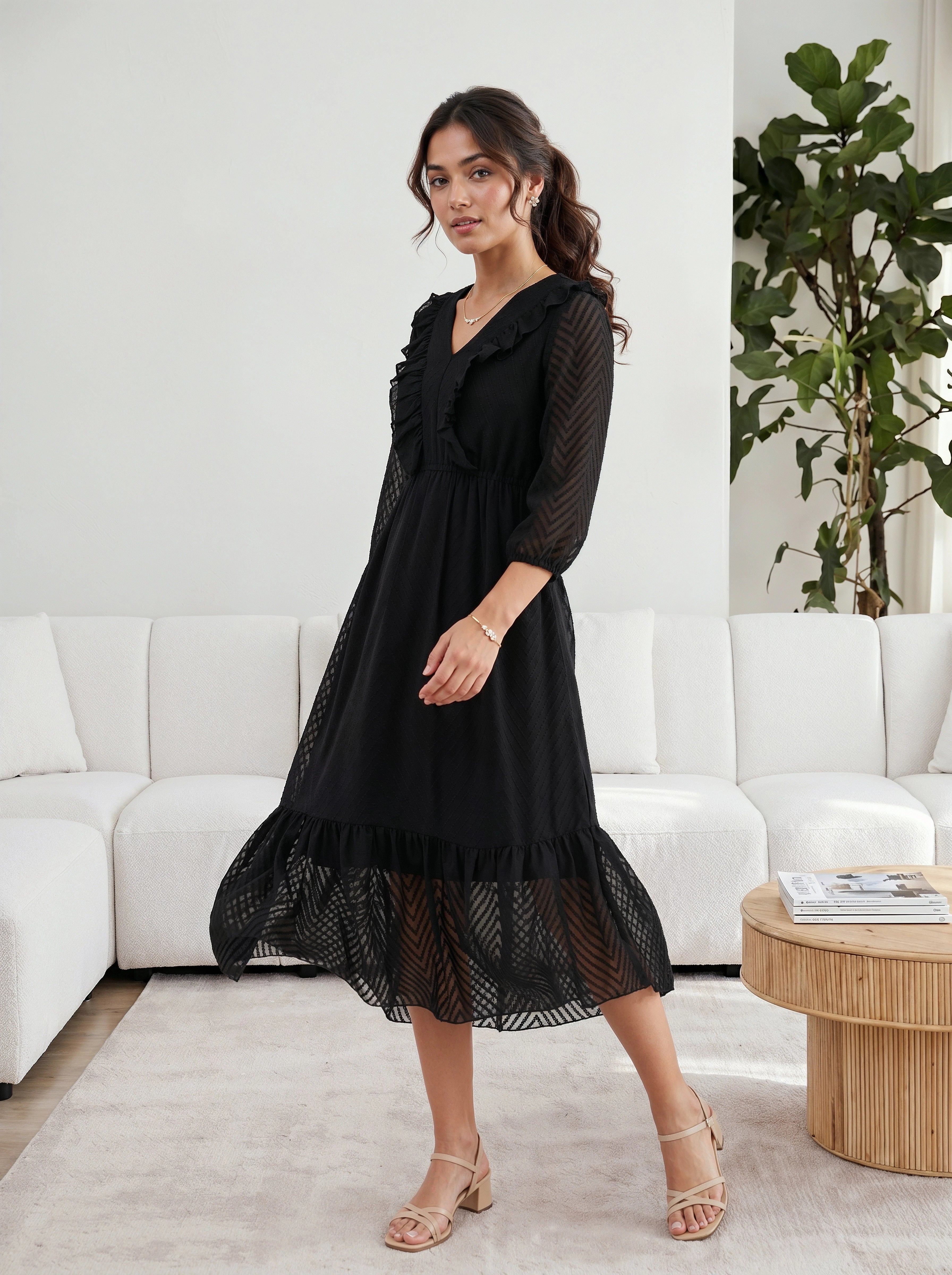Woman in a black dress standing in a modern living room.