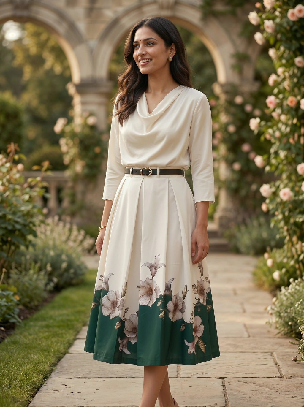 Woman wearing a white blouse and floral skirt in a garden setting