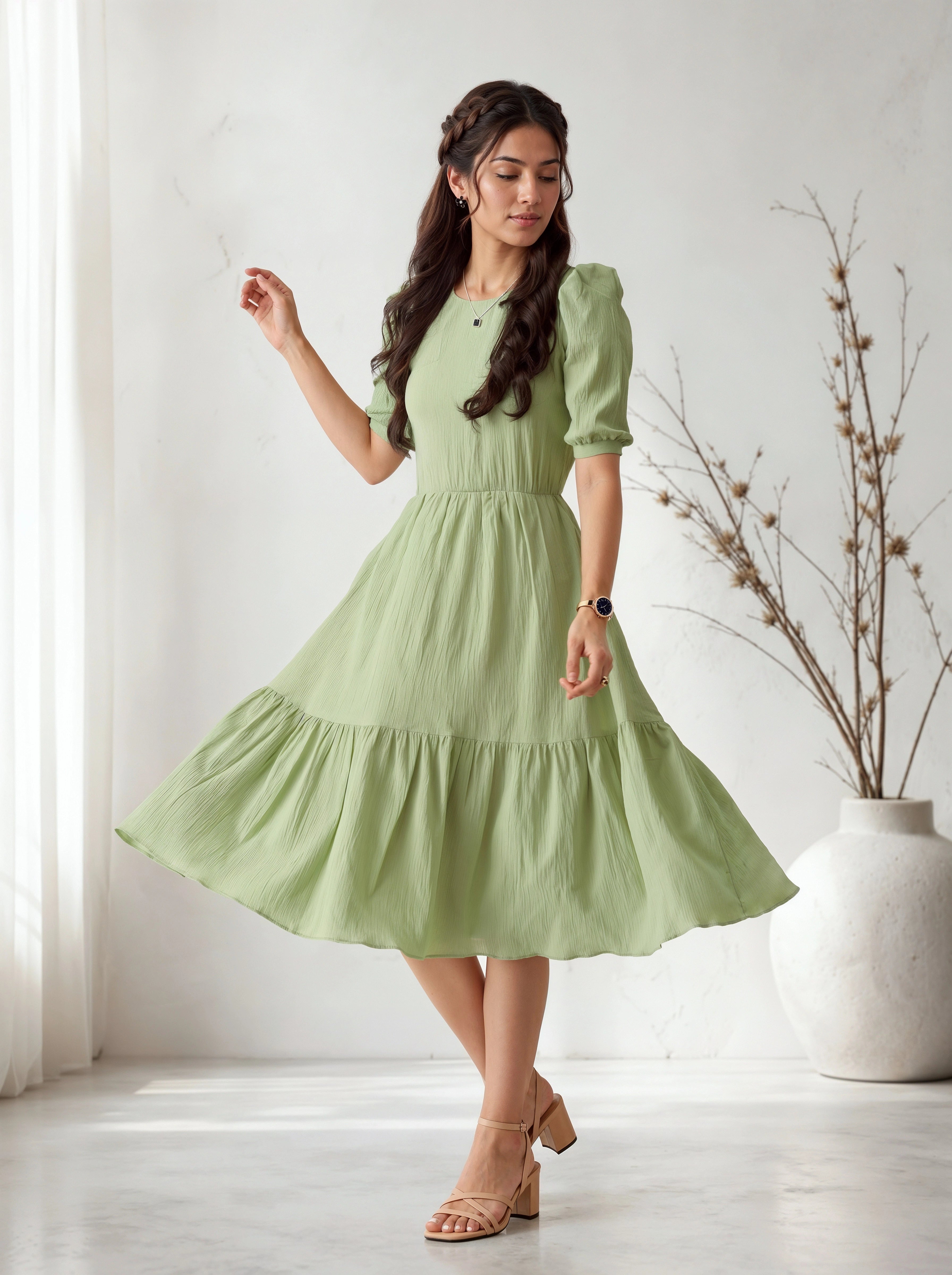 Woman wearing a light green dress standing in a bright room with a vase in the background.