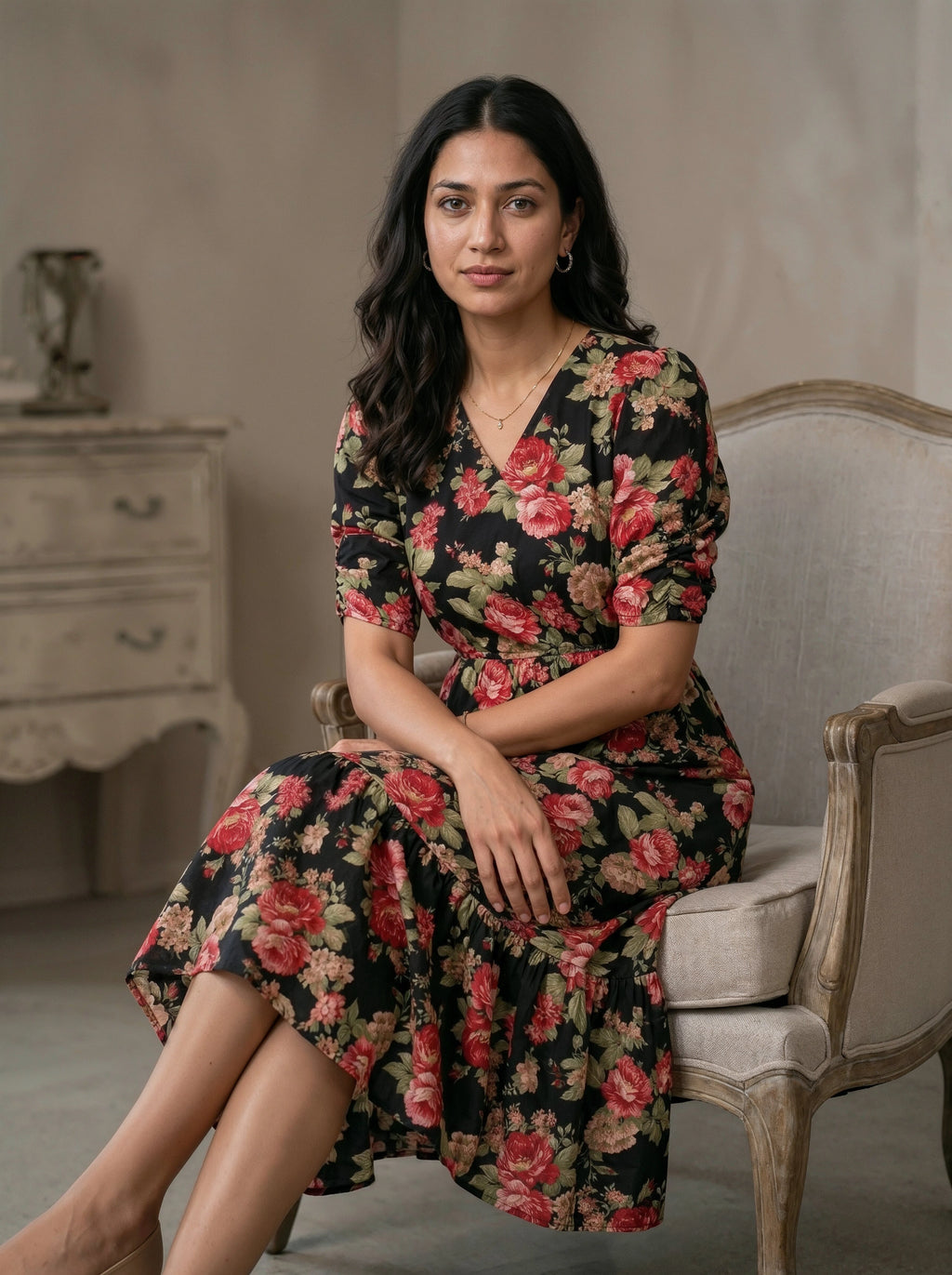 Woman in a floral dress sitting on a chair in a room with a neutral color scheme.