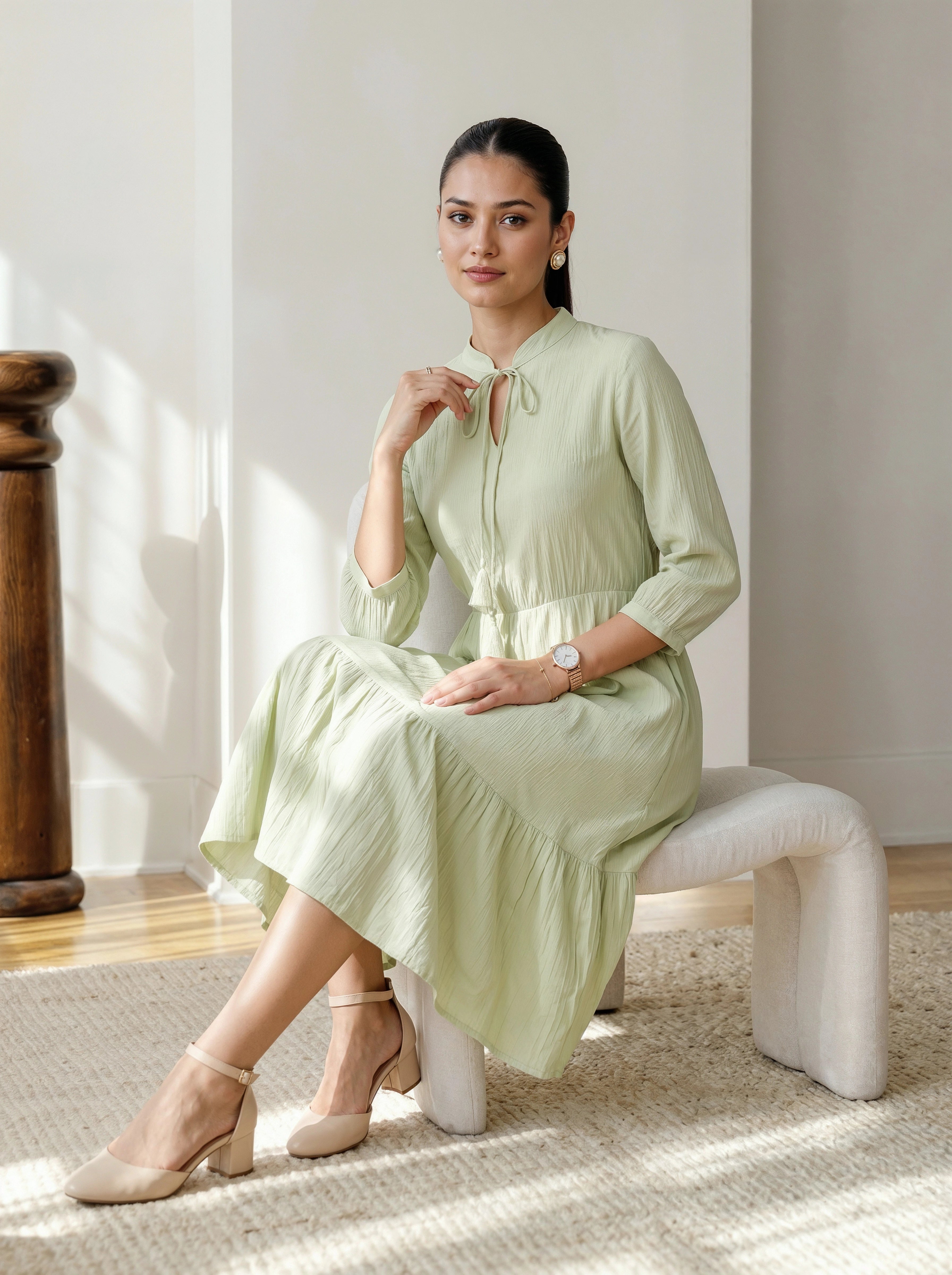 Woman in a light green dress sitting on a white stool in a bright room.