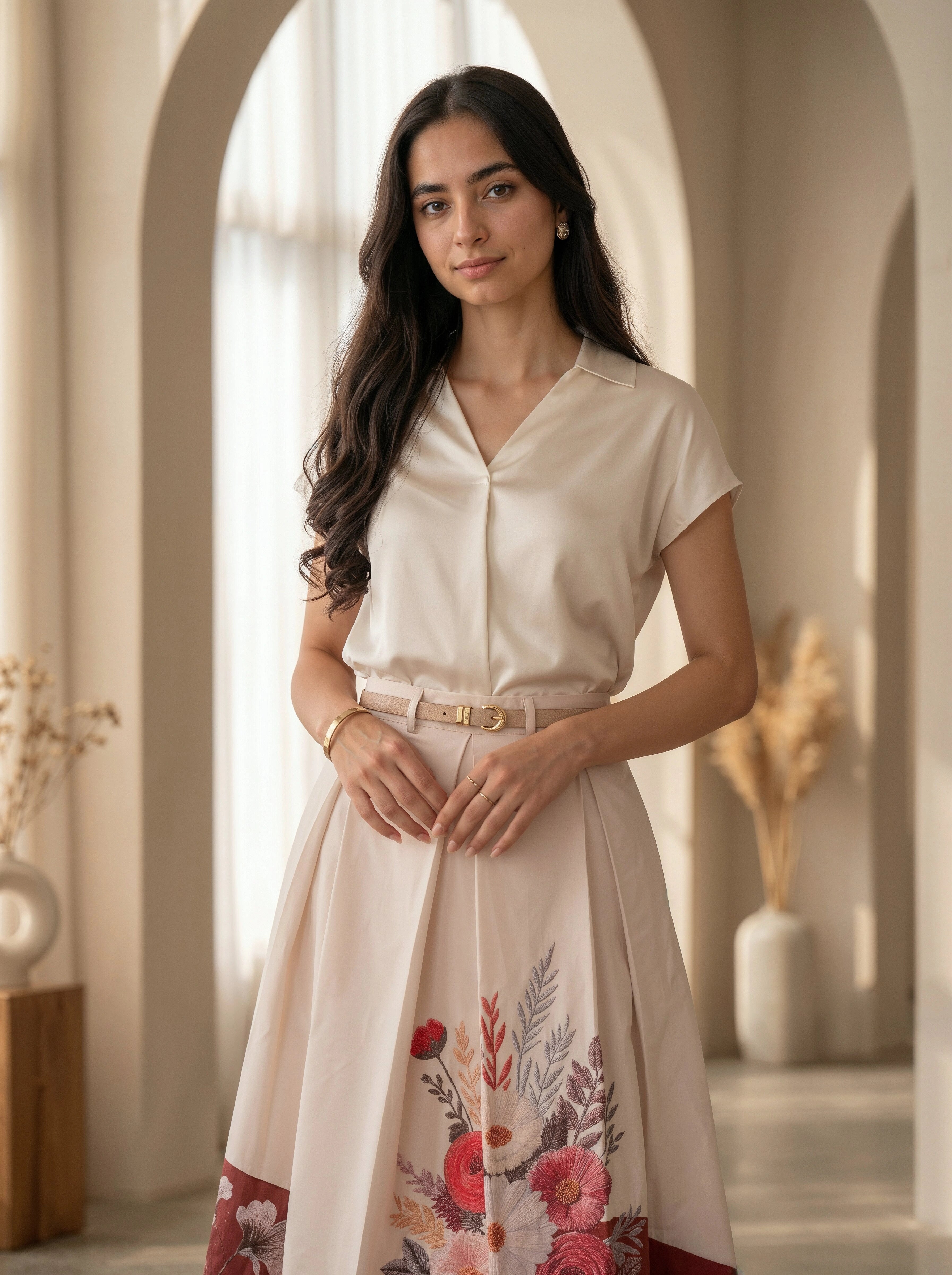 Woman wearing a light-colored dress with floral patterns in an indoor setting