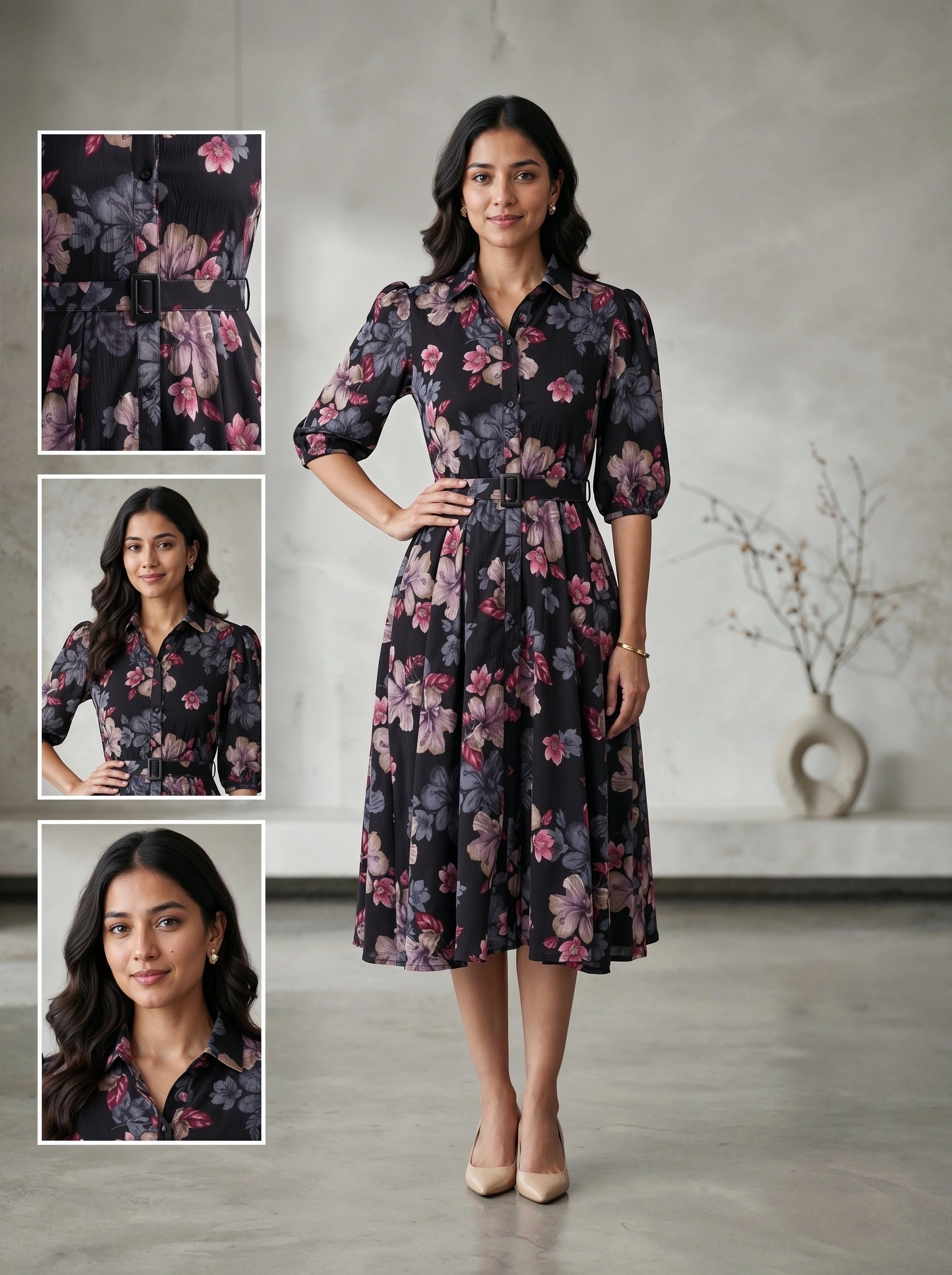 Woman wearing a floral dress with inset images of the dress.