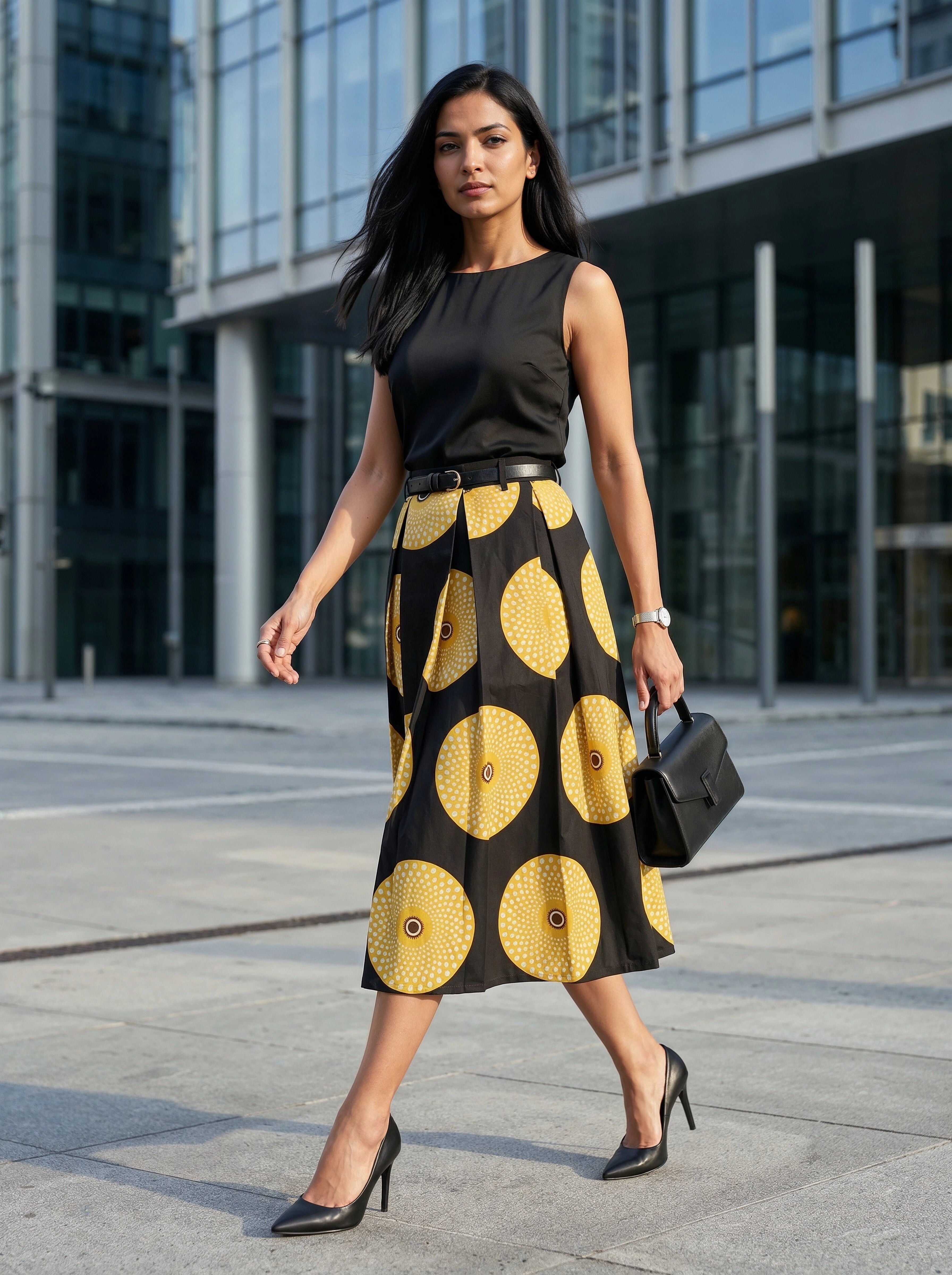 Woman wearing a black top and yellow patterned skirt walking in an urban setting.
