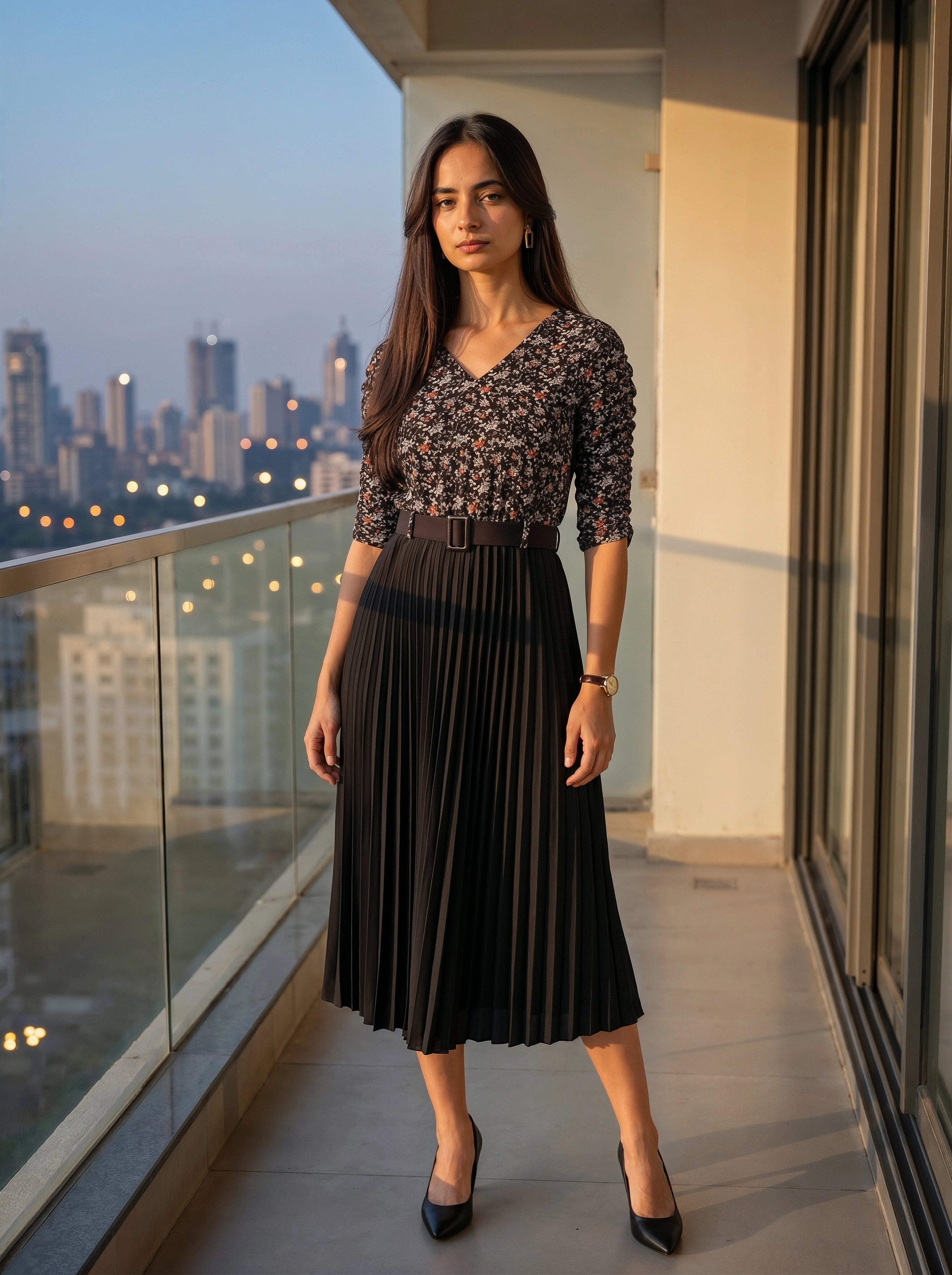 Woman standing on a balcony with a cityscape view at dusk.