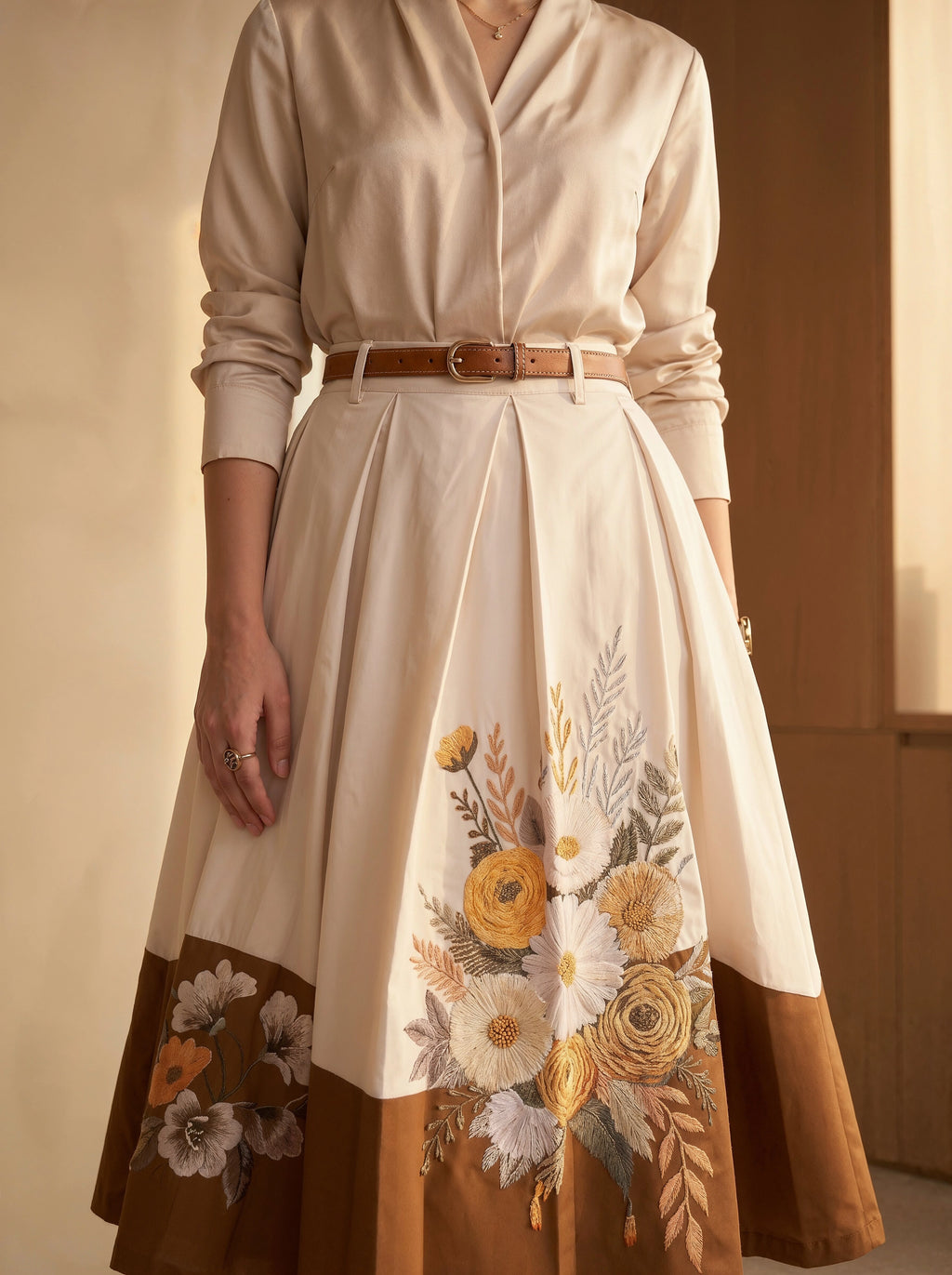 Woman wearing a beige blouse with a floral skirt against a neutral background
