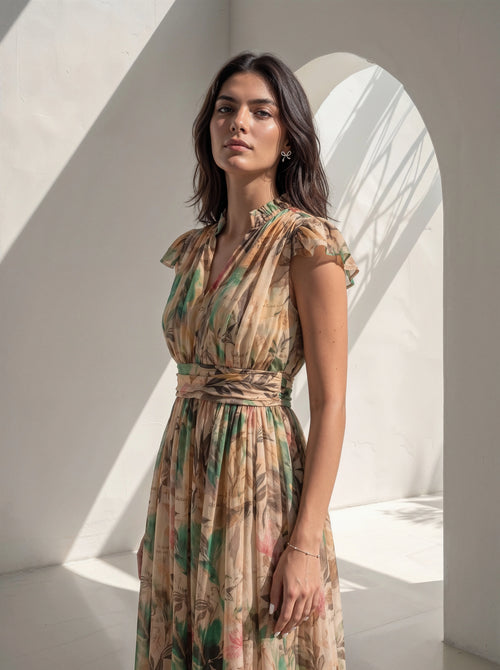 A woman wearing a beige wrap-style midi dress with a green and pink botanical print, standing in a sunlit white architectural setting with an archway.
