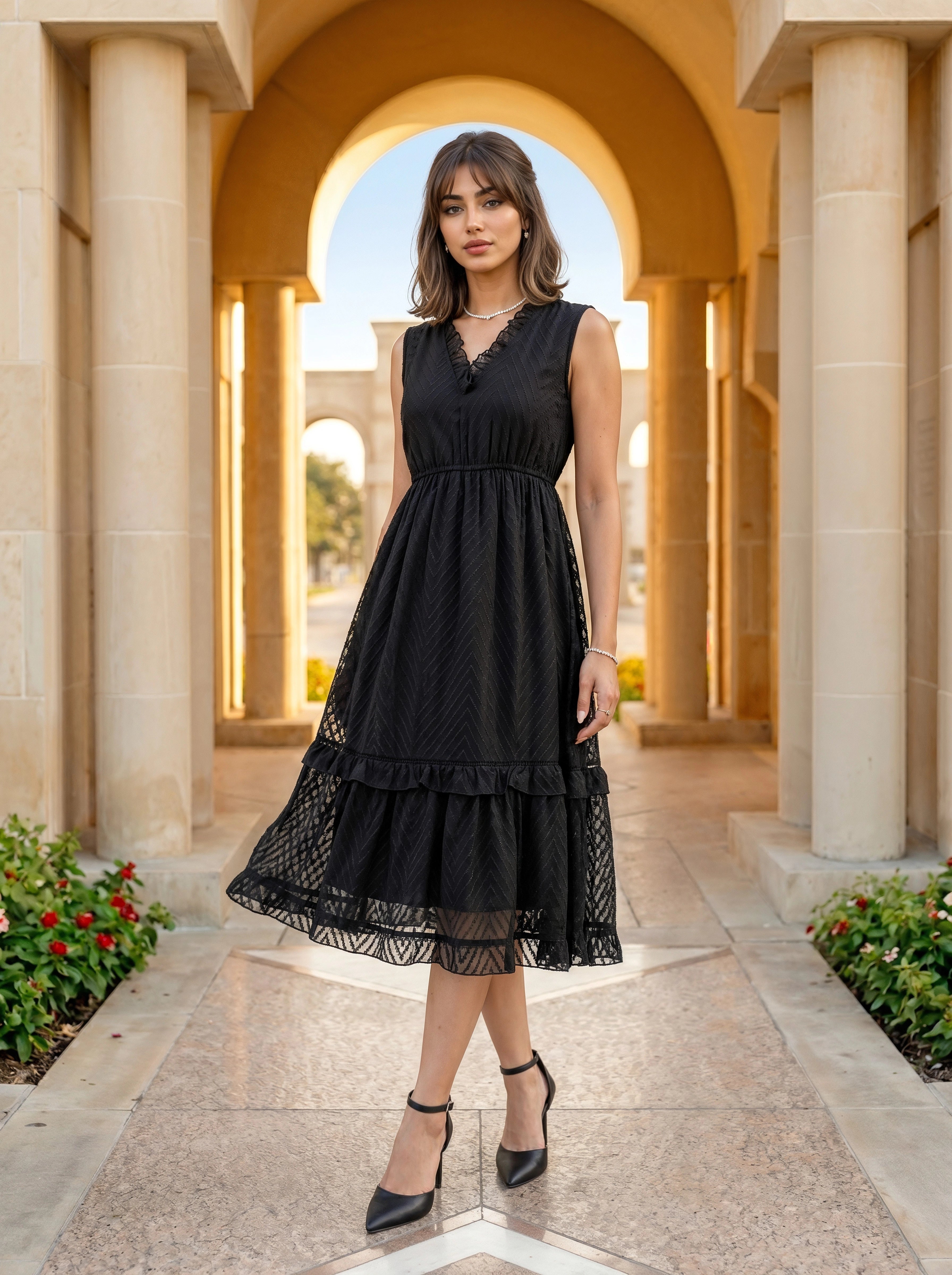 Woman in a black dress standing in an architectural setting with columns and arches.