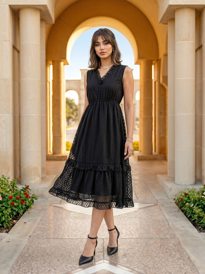 Woman in a black dress standing in an architectural setting with columns and arches.