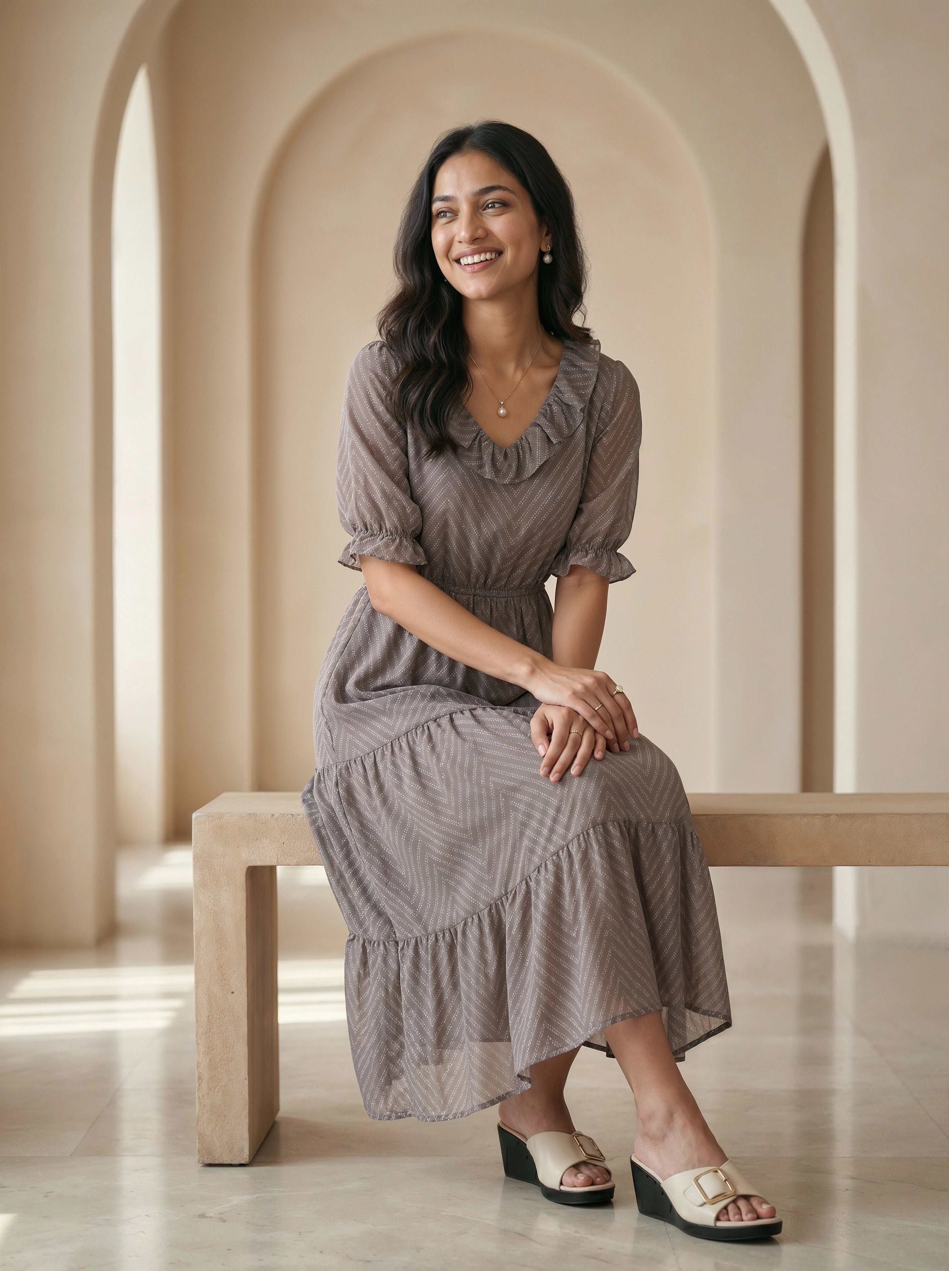 Woman in a long dress sitting on a bench in a sunlit room with arched ceilings.
