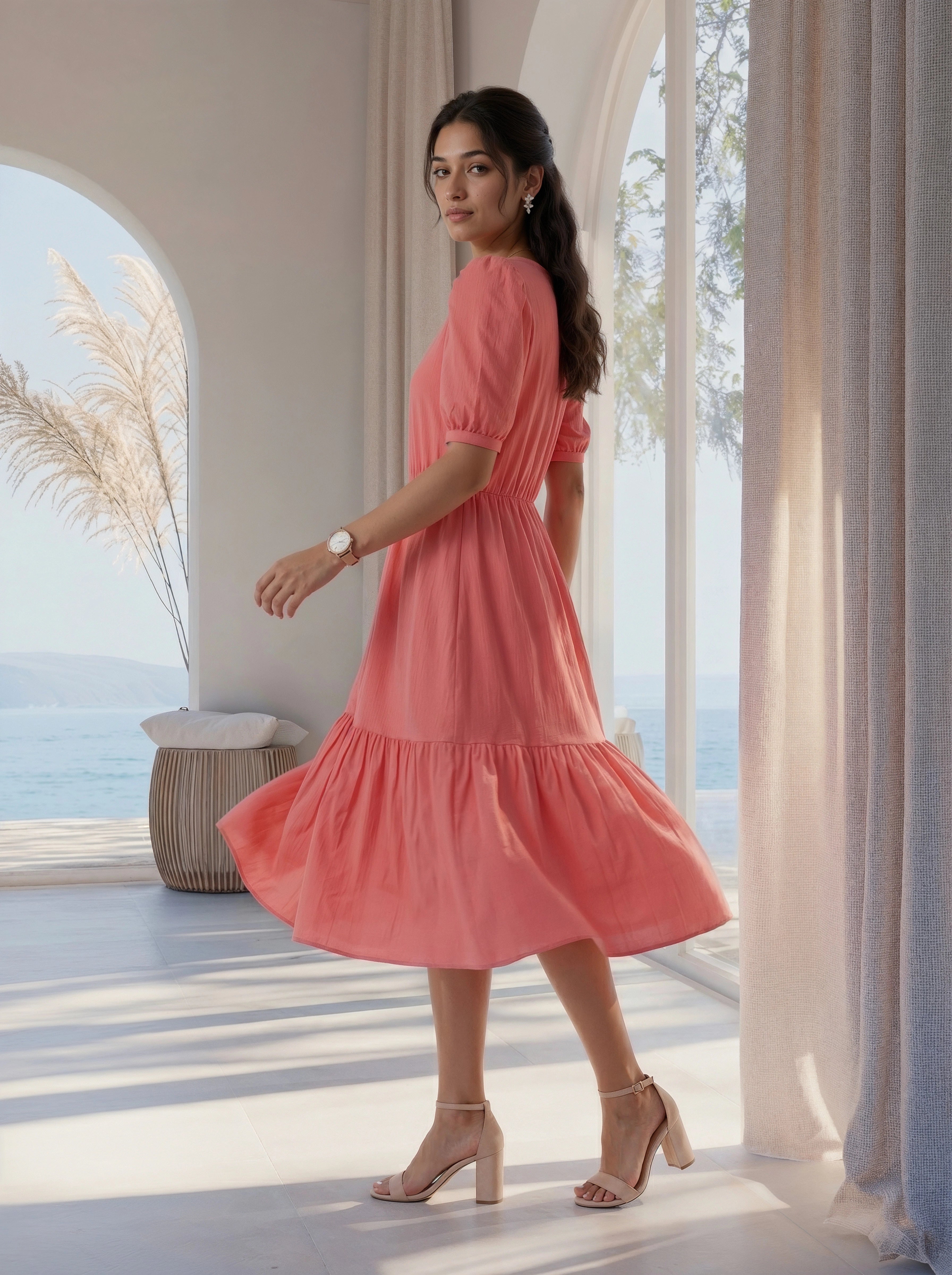 Woman in a pink dress standing in a bright room with large windows and a view of the ocean.