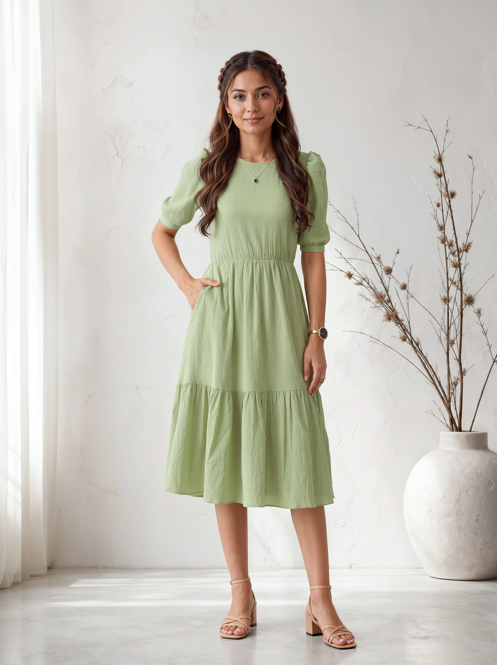 Woman wearing a light green dress standing in a bright room with a vase and plant in the background.