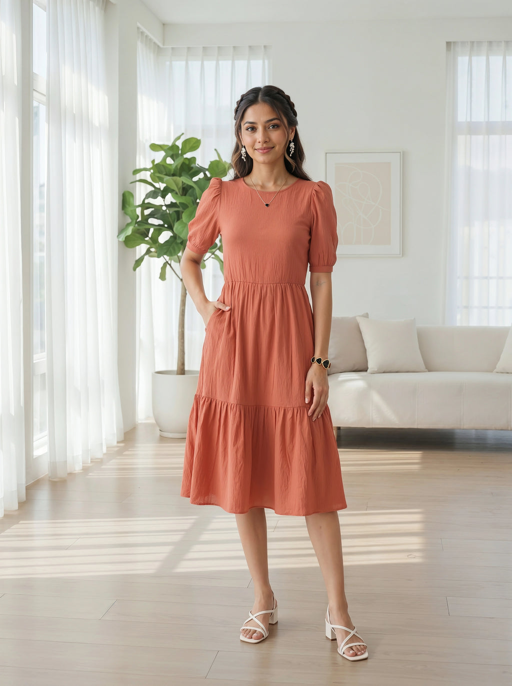 Woman in a coral dress standing in a bright living room.