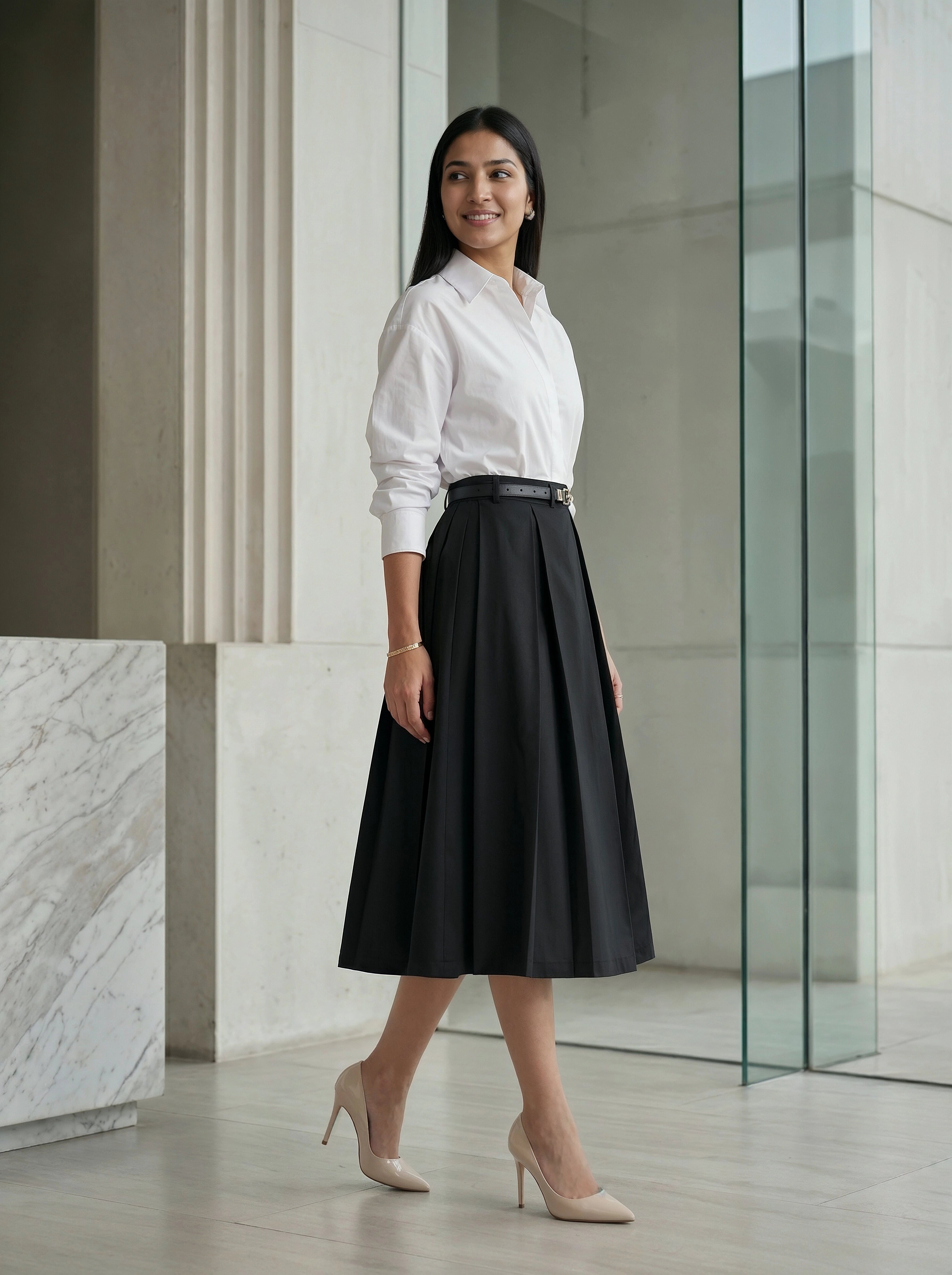 Woman in a white blouse and black skirt standing in an indoor setting with marble and glass elements.