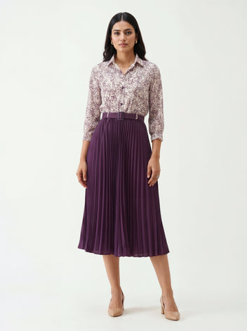 Floral Shirt Collar Pleated Midi Dress with Belted Waist