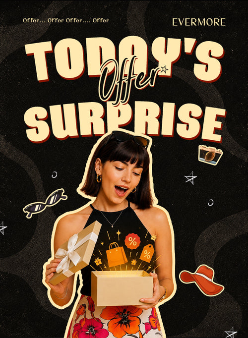 Woman holding a gift box with shopping bags and festive icons in a today's surprise offer banner