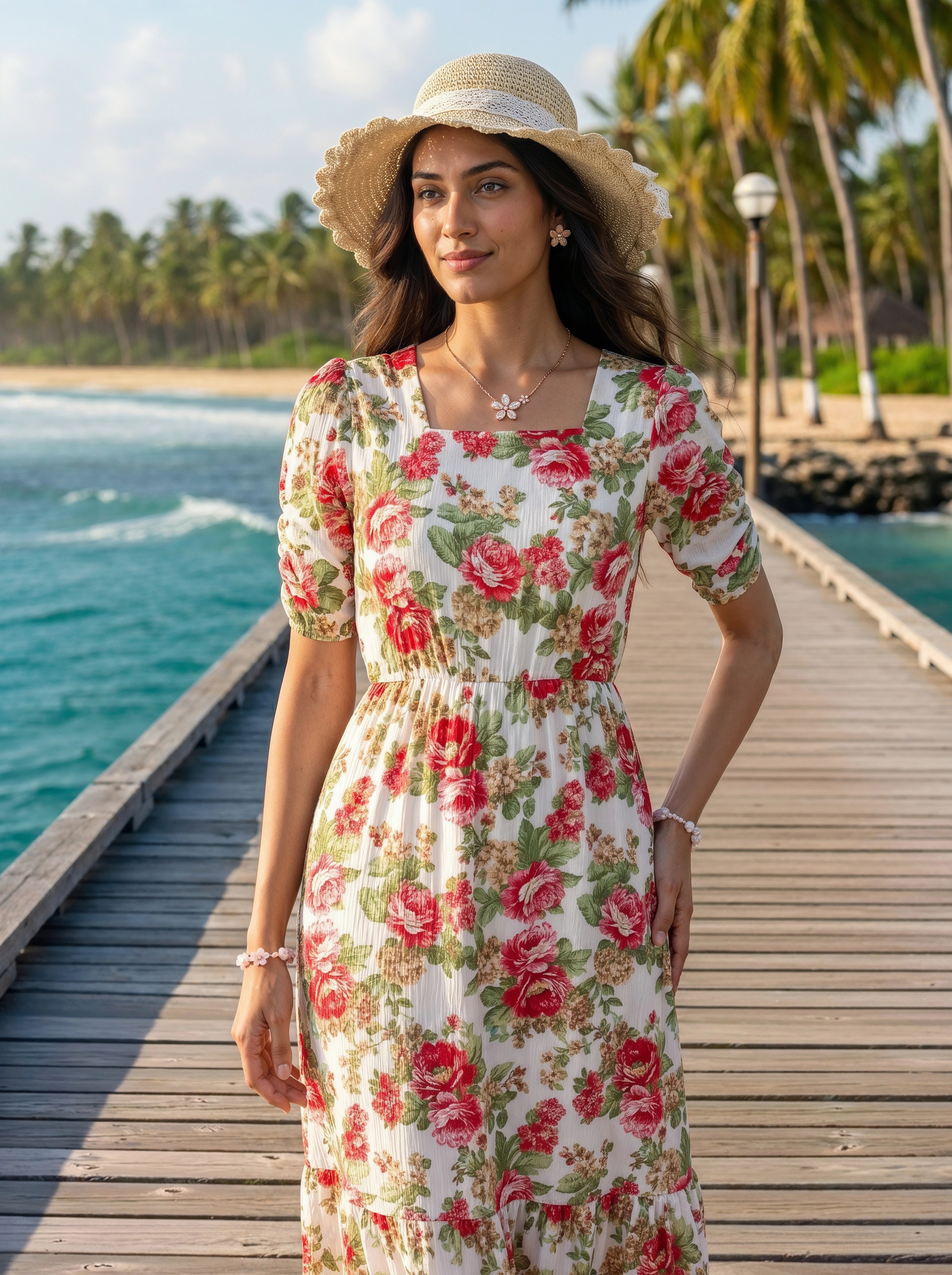 A woman stands on a wooden dock wearing a cream-colored short-sleeve midi dress with a red and green floral print, a wide-brimmed straw hat, and jewelry, with a tropical beach and palm trees in the background.