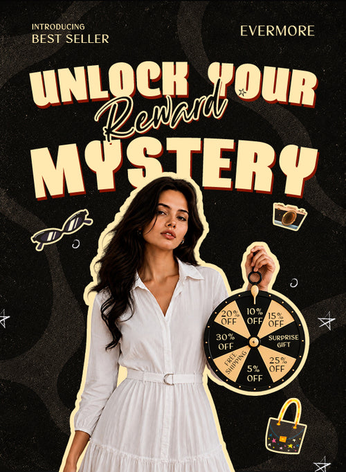 Woman in a white shirt and belt posing next to a mystery reward wheel featuring various discount offers