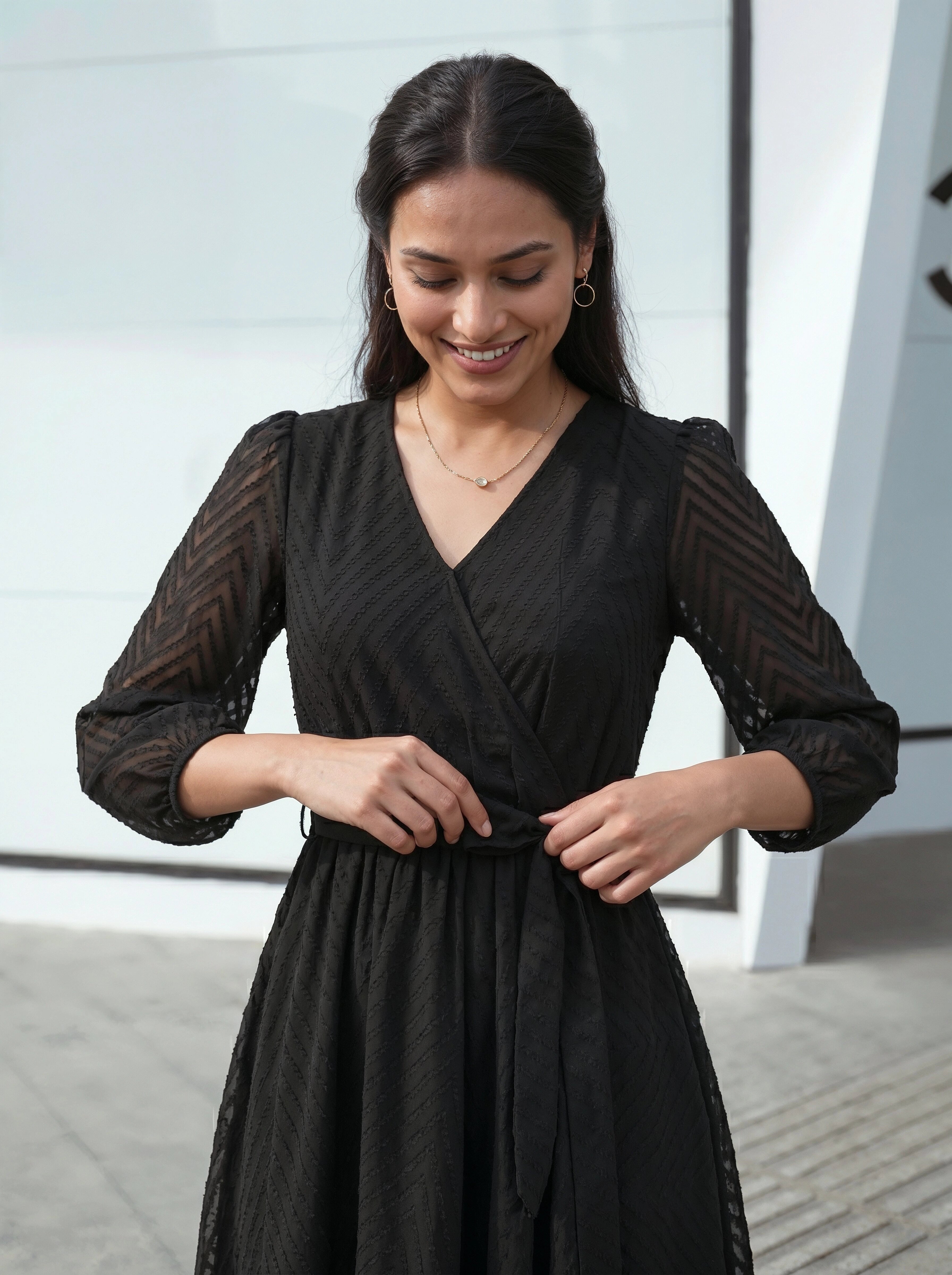 Black Wrap V-Neck Midi Dress with Tie-Waist Detail – EverMore