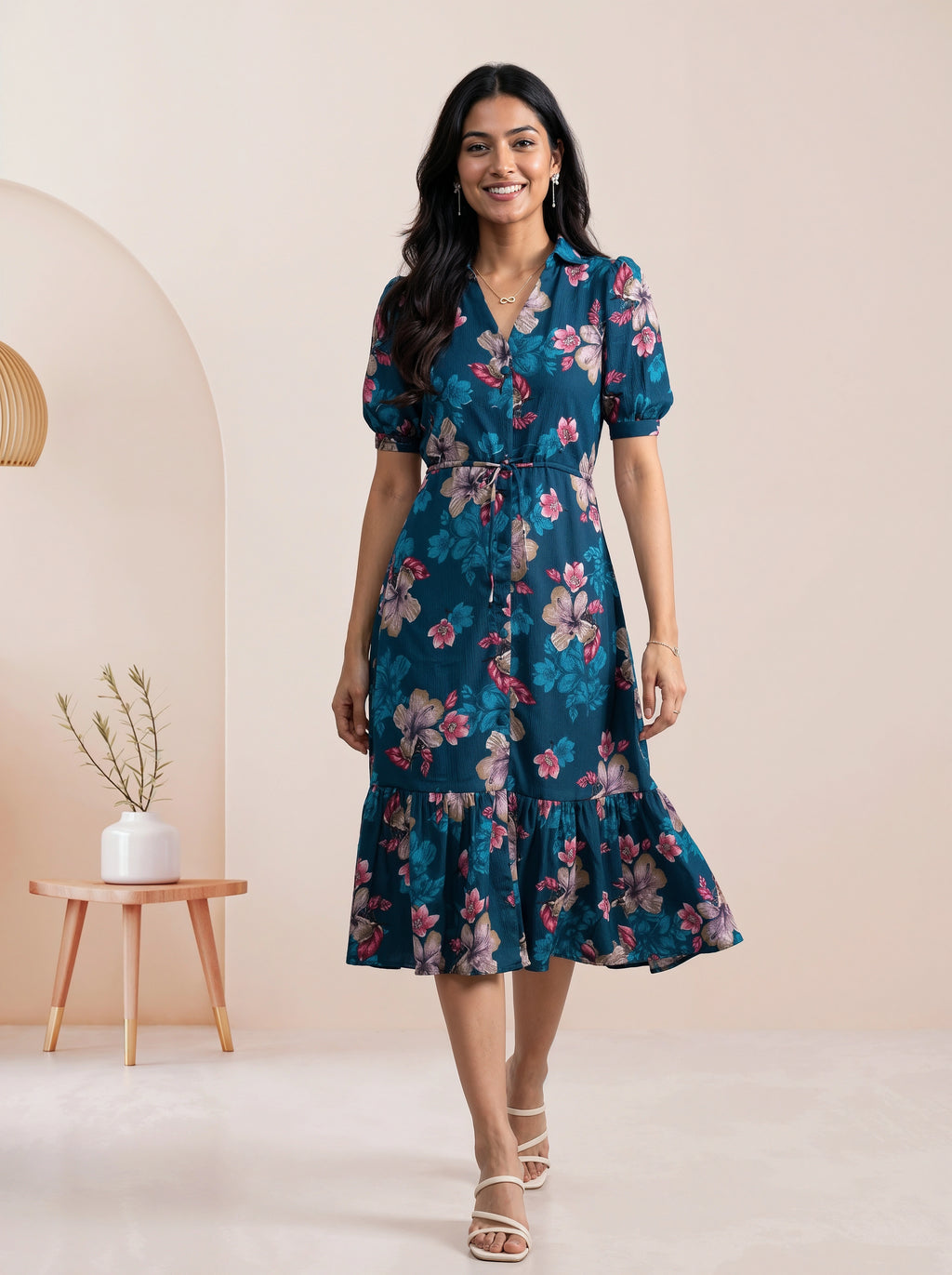 A woman modeling a navy blue tiered midi dress with sheer three-quarter sleeves and a button-front bodice, standing against a warm beige backdrop with draped cream fabric.