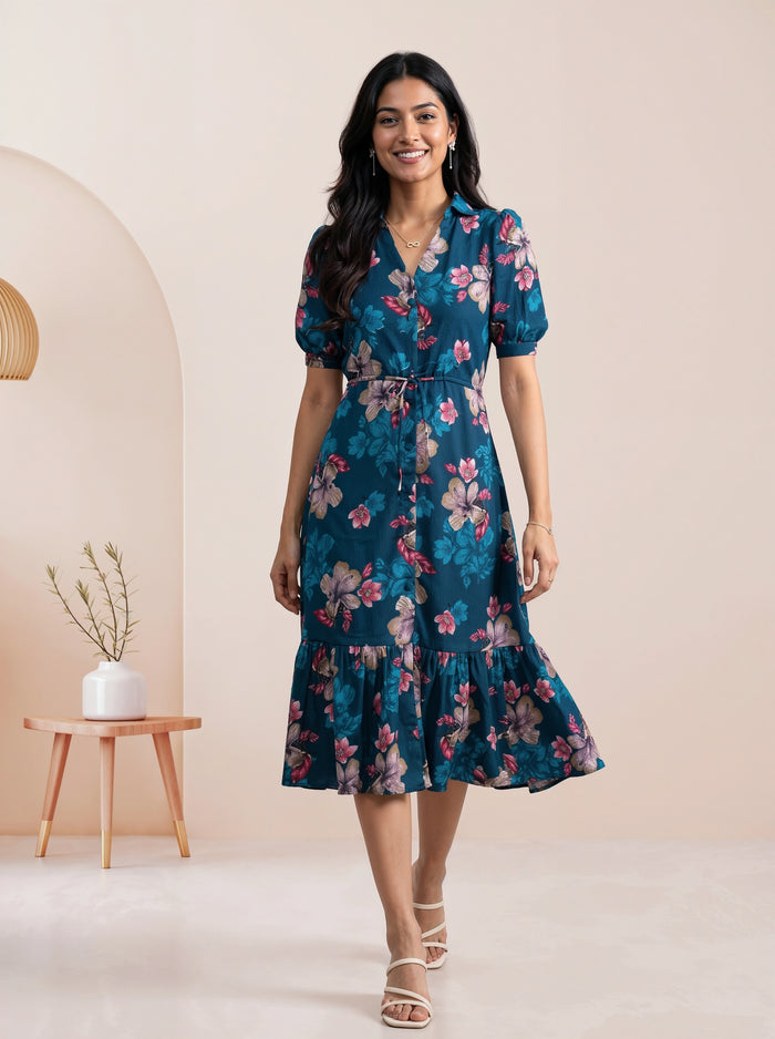 A woman modeling a navy blue tiered midi dress with sheer three-quarter sleeves and a button-front bodice, standing against a warm beige backdrop with draped cream fabric.