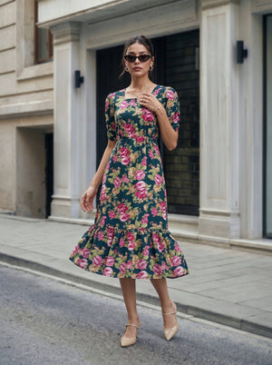 Teal Floral Print Square Neck Fit & Flare Dress