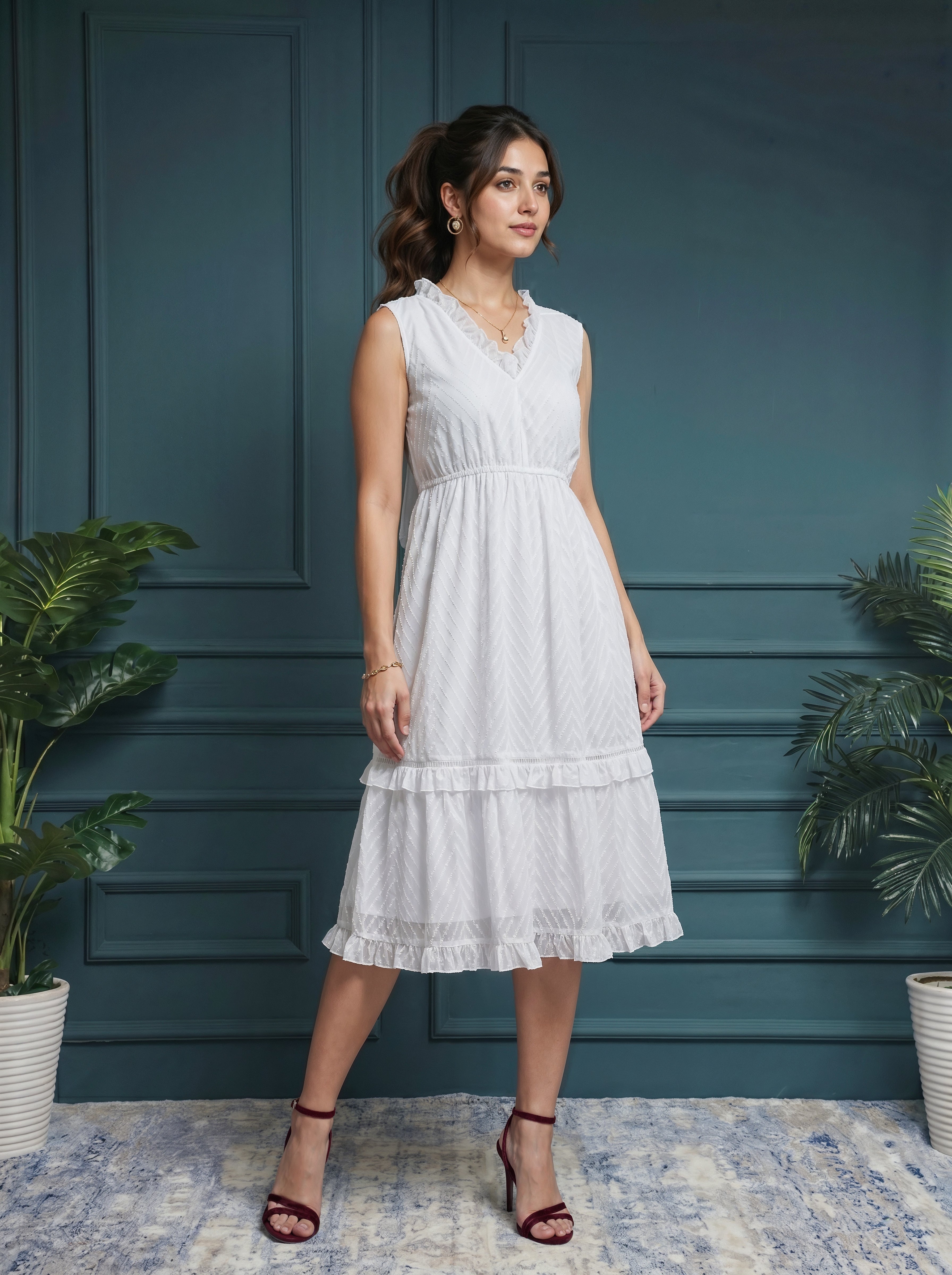 Woman wearing a white dress standing against a blue paneled wall with plants.