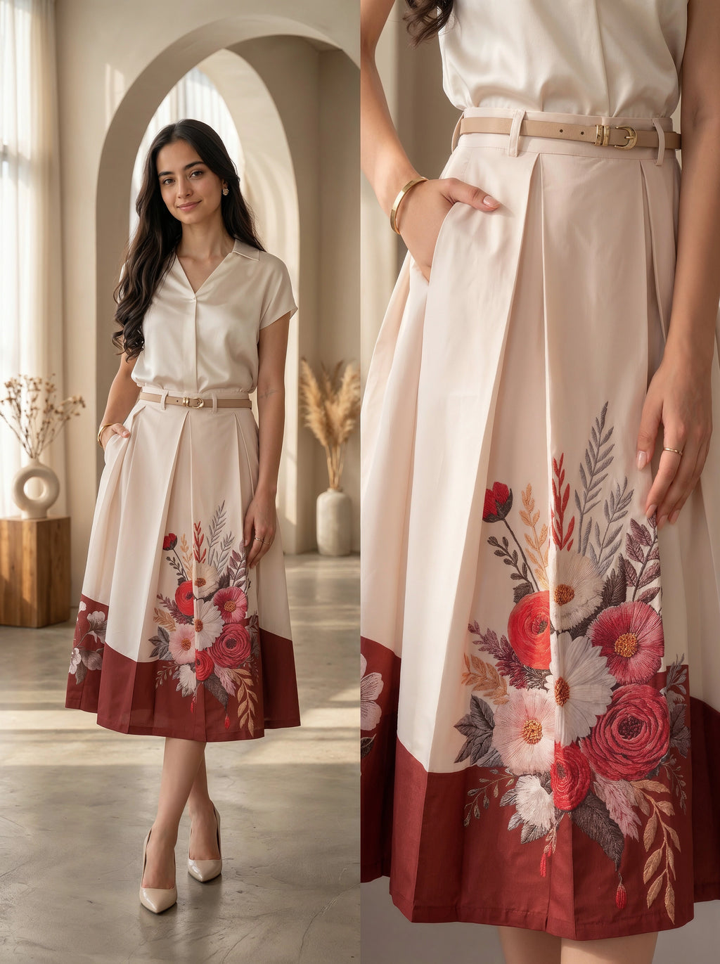 Woman wearing a white blouse and floral skirt in an indoor setting