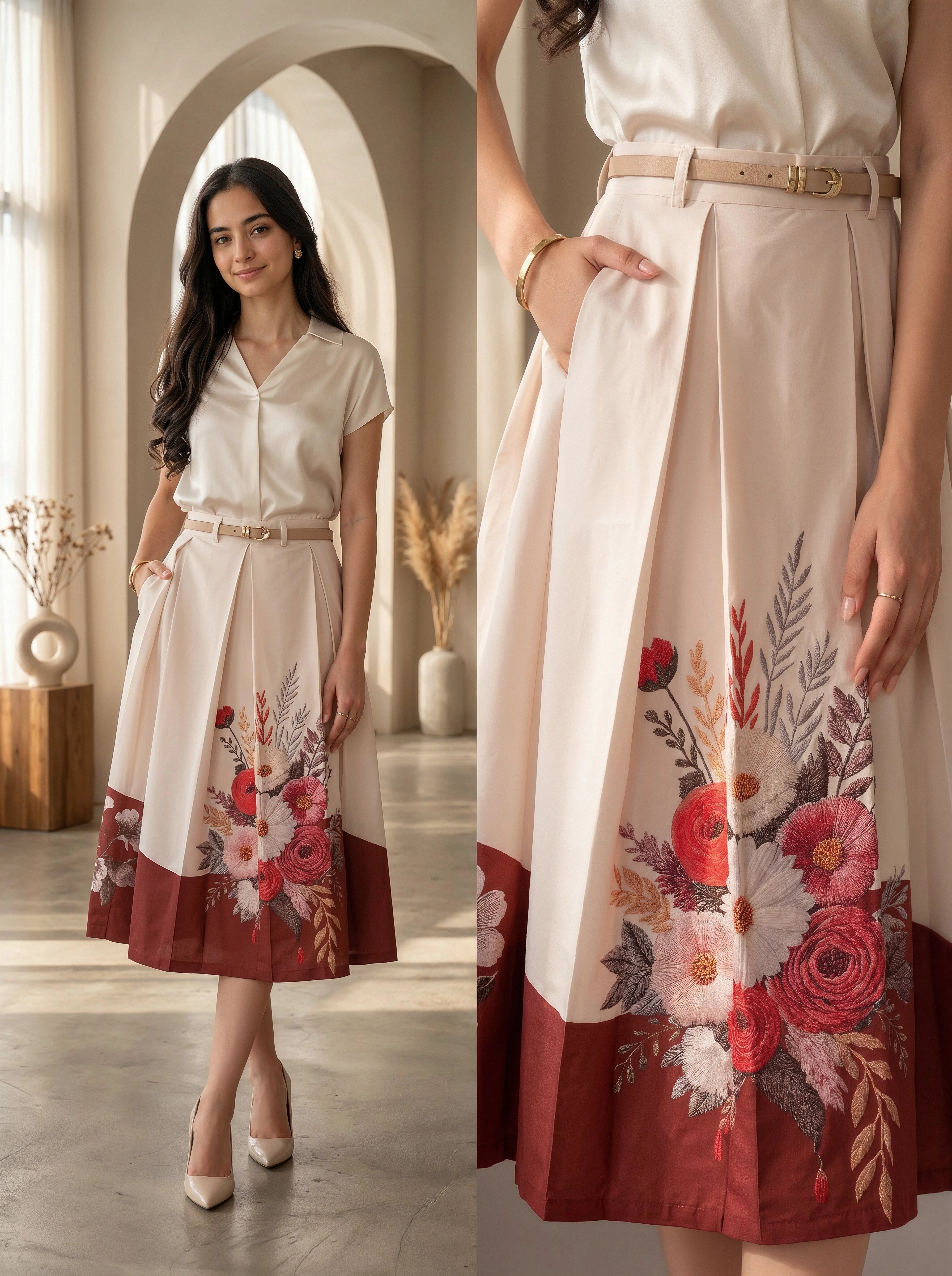 Woman wearing a white blouse and floral skirt in an indoor setting