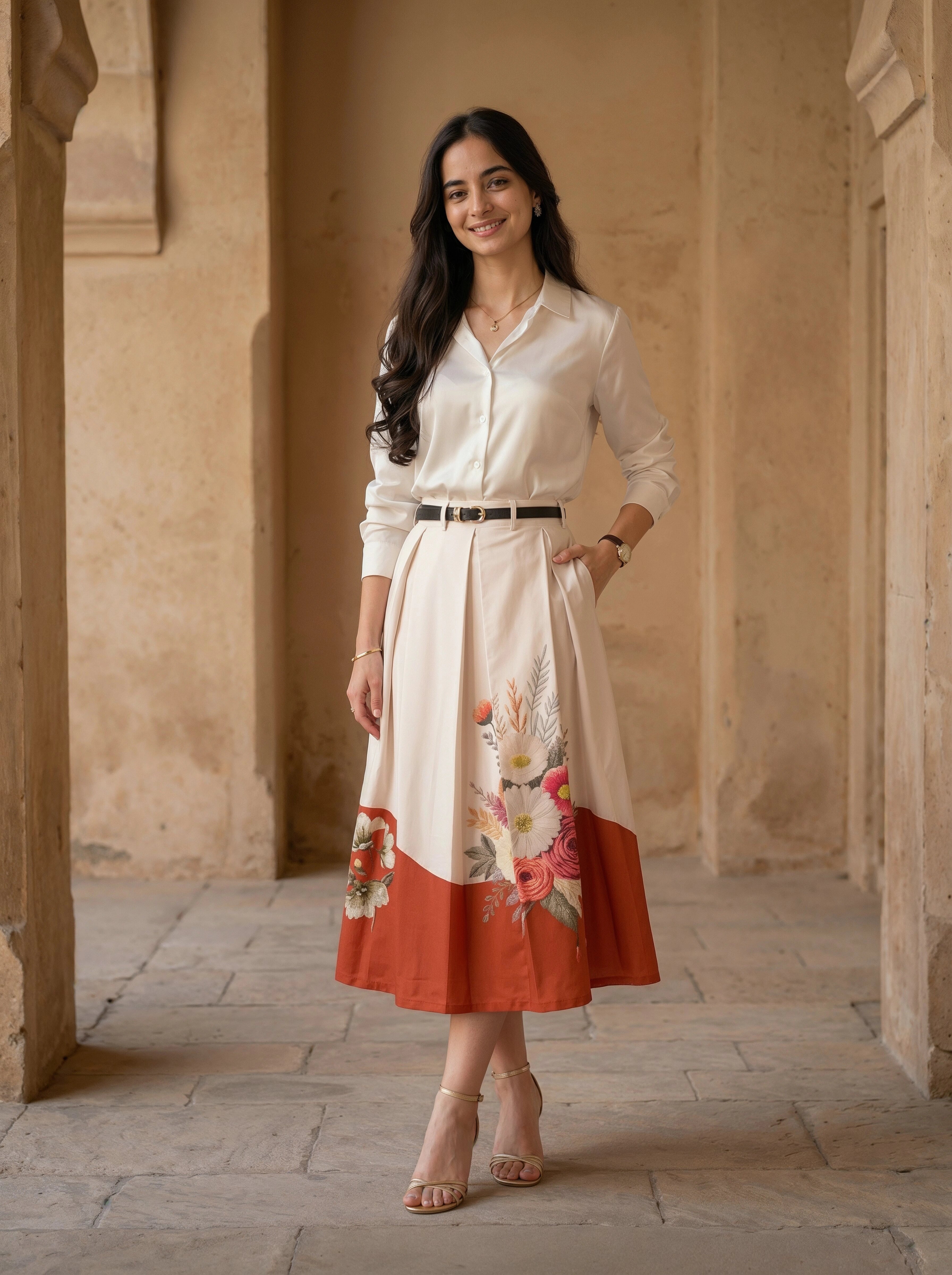 Woman in a white Skirt with floral pattern standing in an architectural setting.