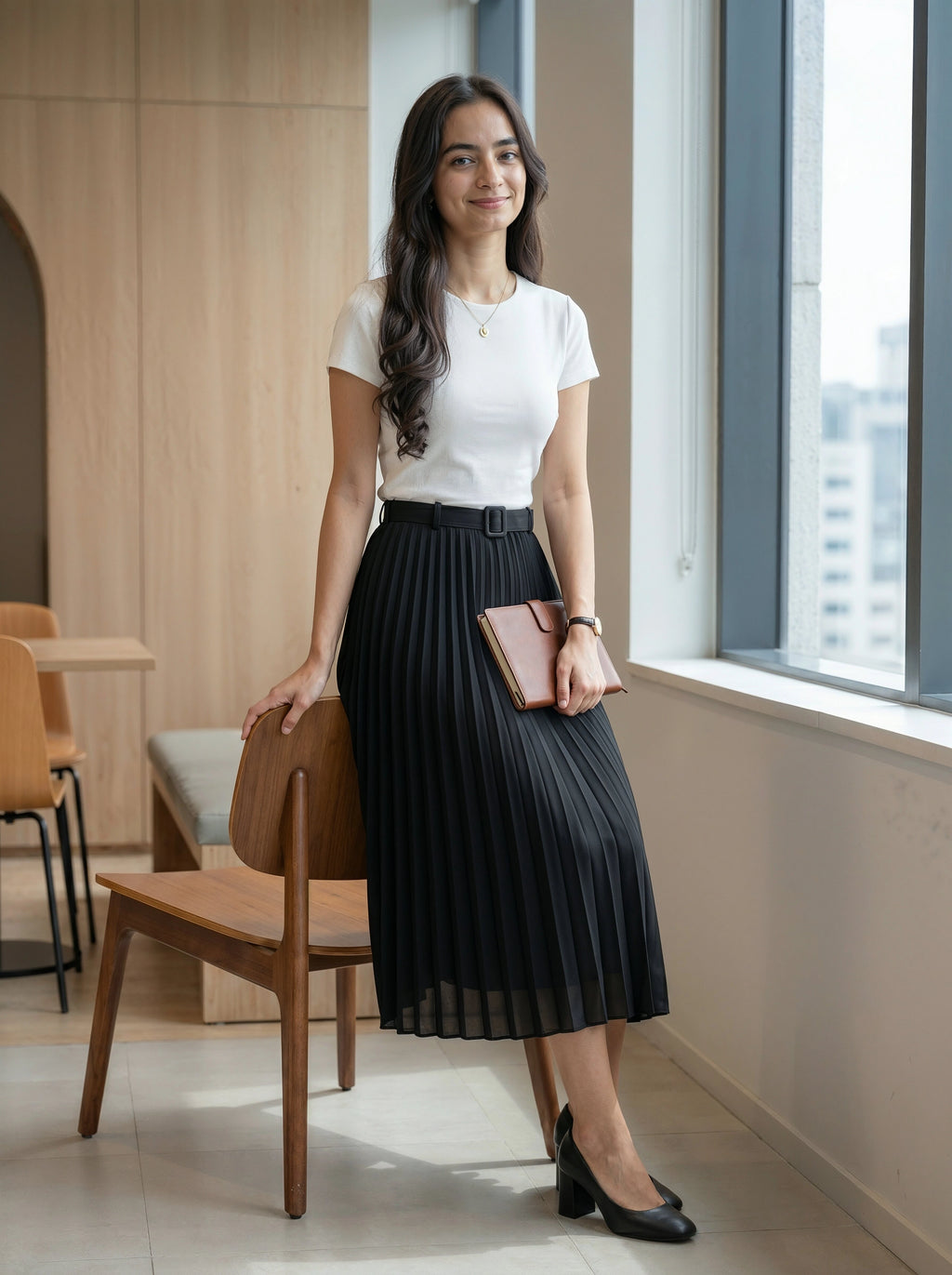 Woman in a white shirt and black pleated skirt standing in an indoor setting with a window in the background.
