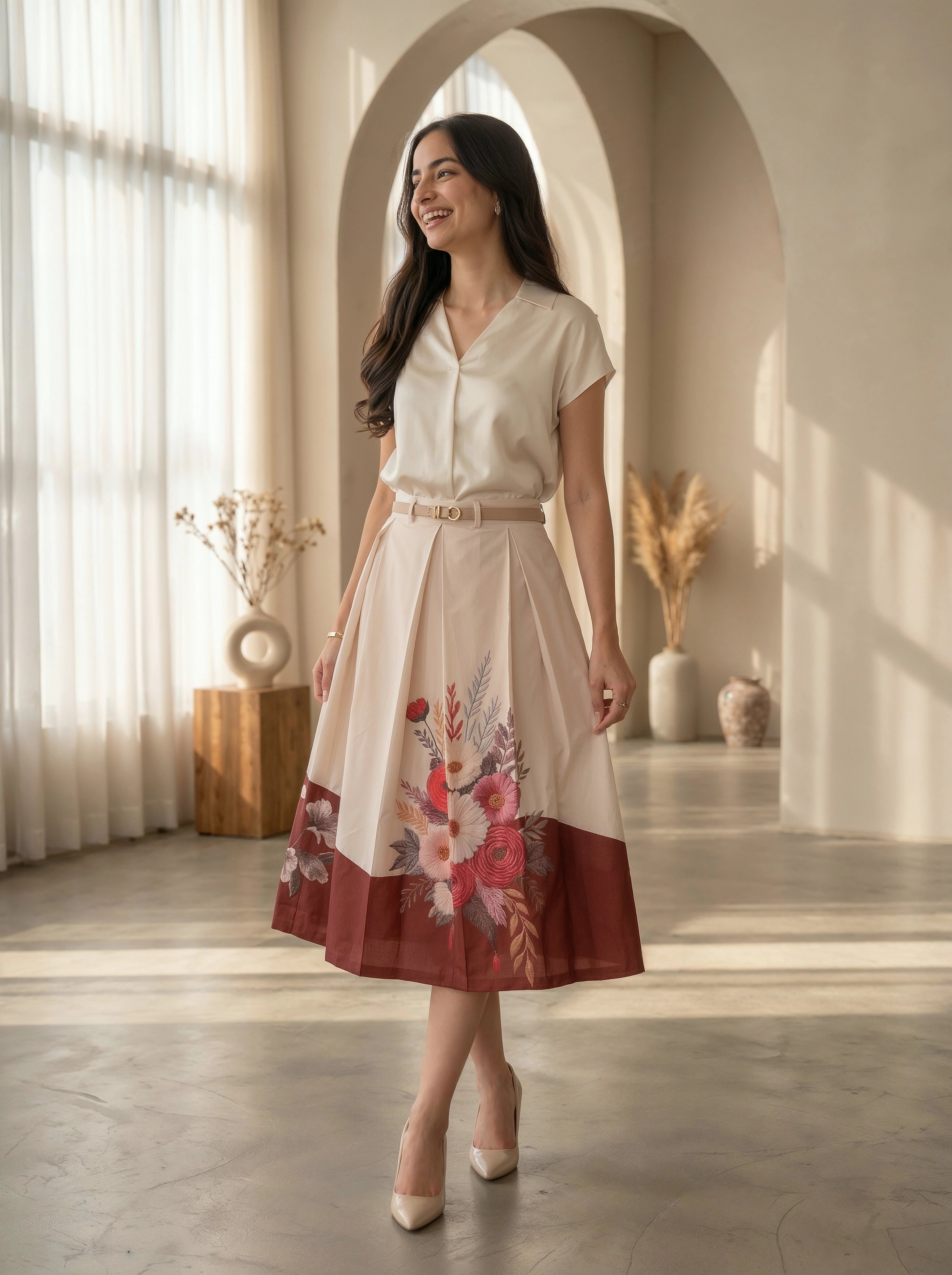 Woman wearing a cream dress with floral embroidery in a sunlit room
