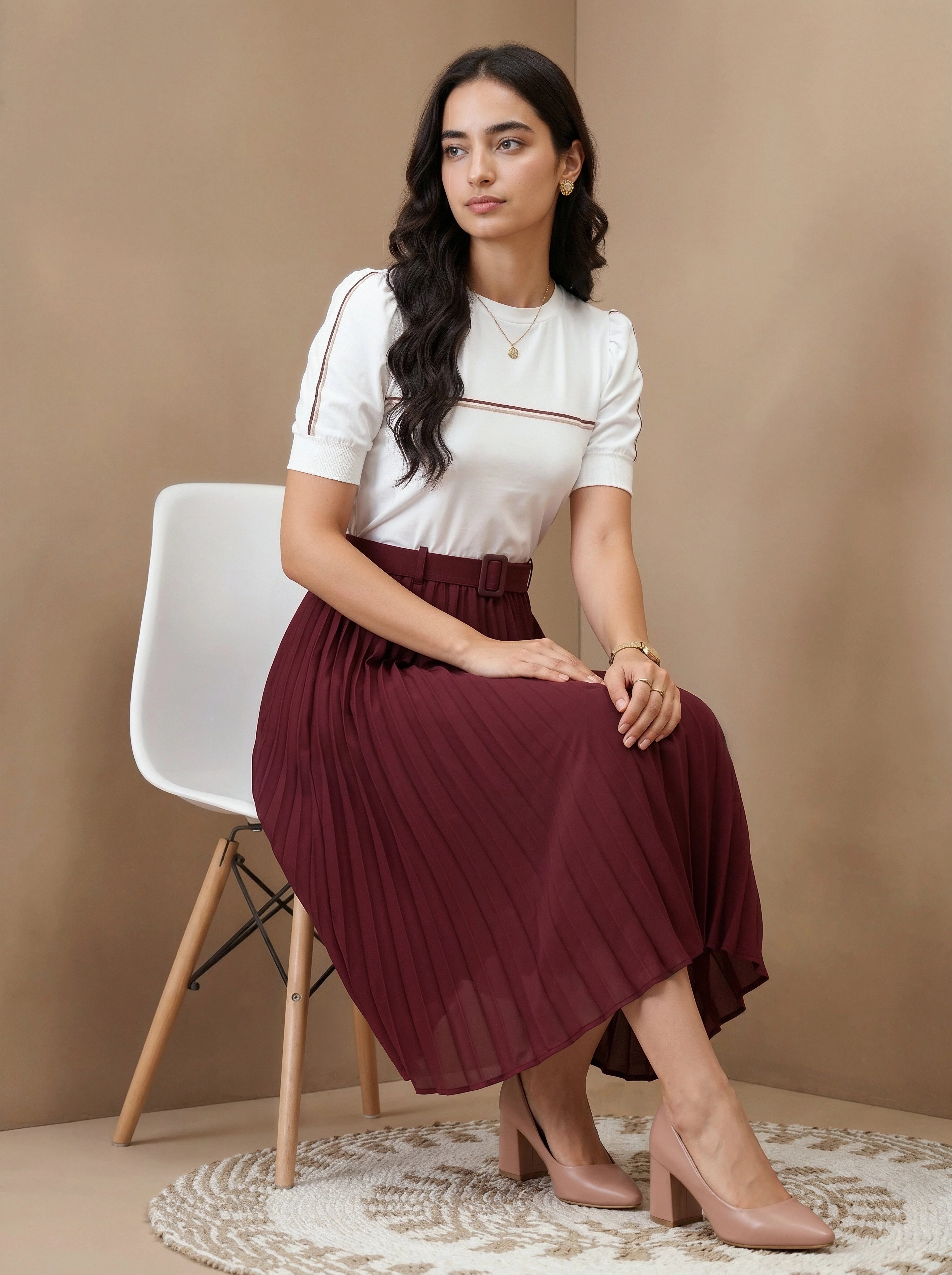 Woman sitting on a chair wearing a white top and burgundy pleated skirt against a beige wall.