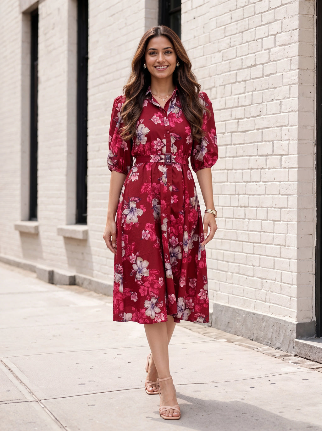 A woman wearing a red floral midi shirt dress with puff sleeves and a tie waist, walking on a sidewalk next to a white brick building.