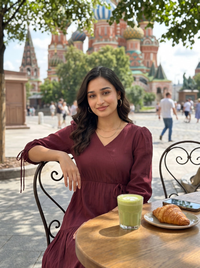 A woman wearing a burgundy long-sleeve dress sits at an outdoor cafe table with a green drink and a croissant, with a famous red-domed landmark in the background.