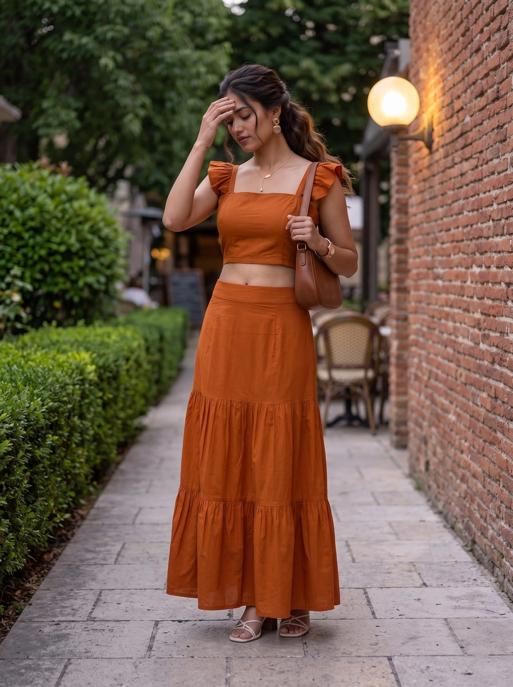 Rust Orange Ruffle Sleeve Crop Top & Tiered Skirt Co-Ord Set