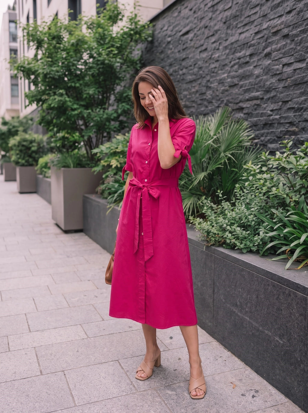 Pink Belted Shirt Dress with Tie-Waist Detail