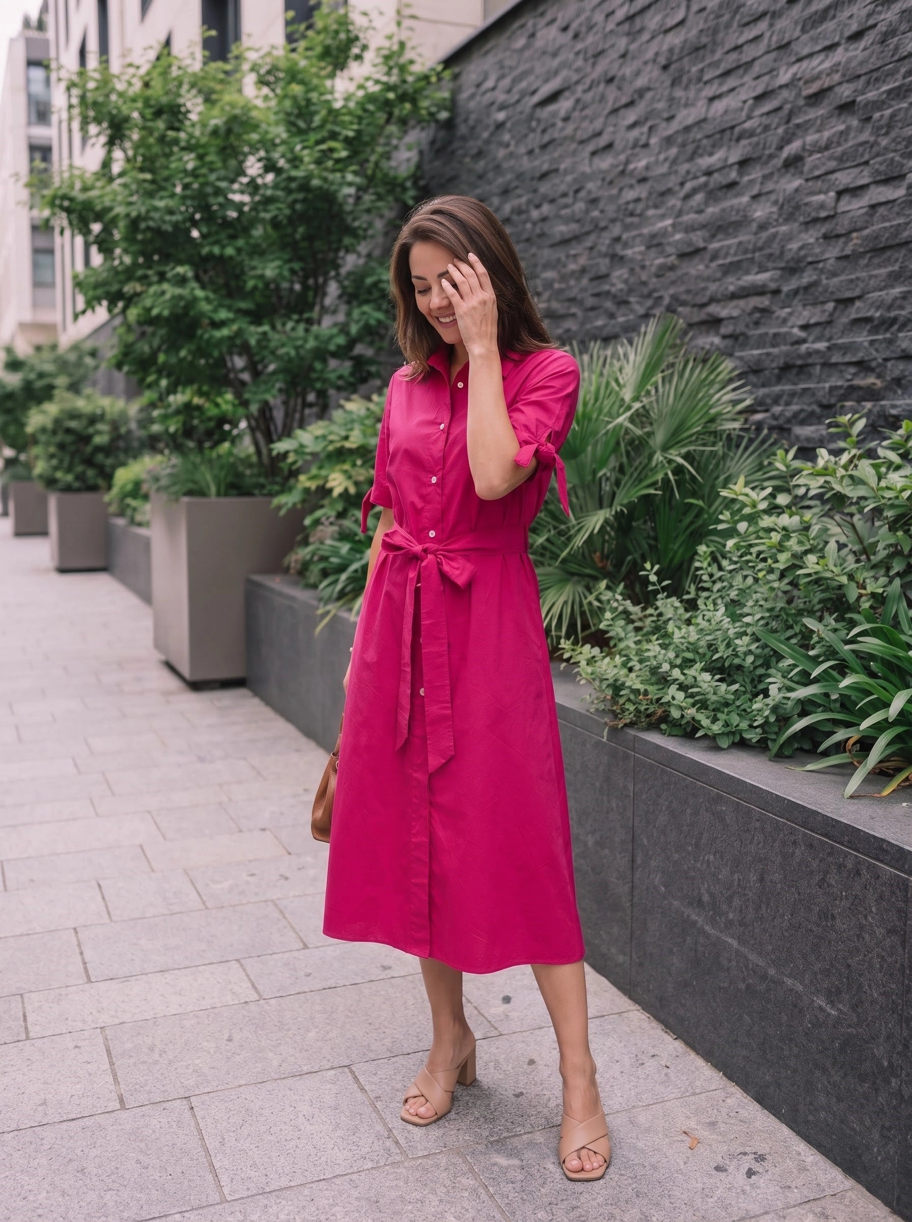 Pink Belted Shirt Dress with Tie-Waist Detail