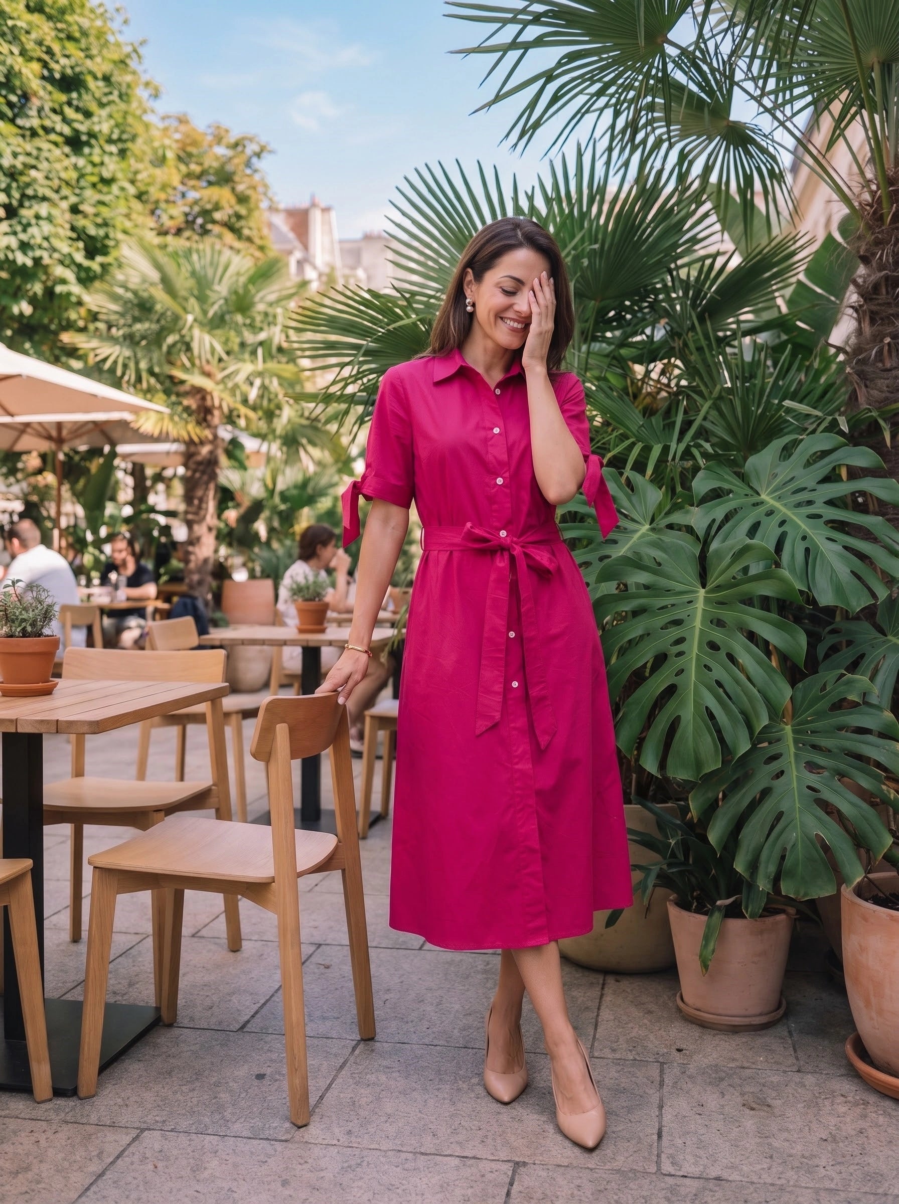 Pink Belted Shirt Dress with Tie-Waist Detail