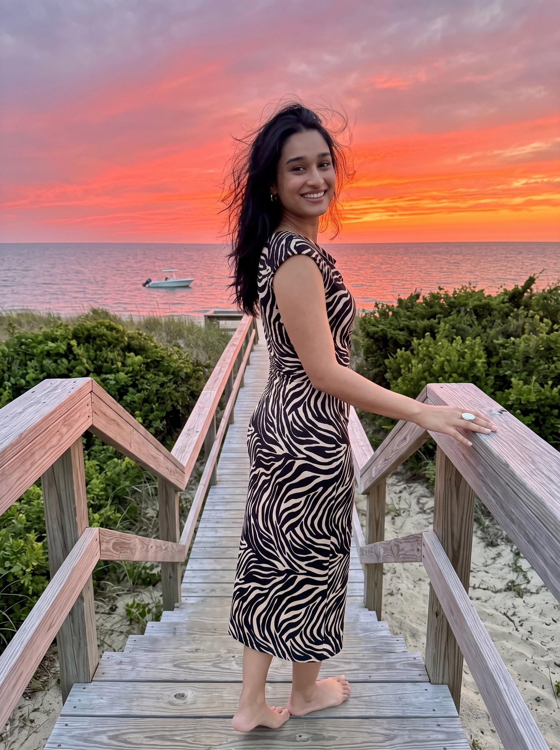 Zebra Print Ruched Midi Dress
