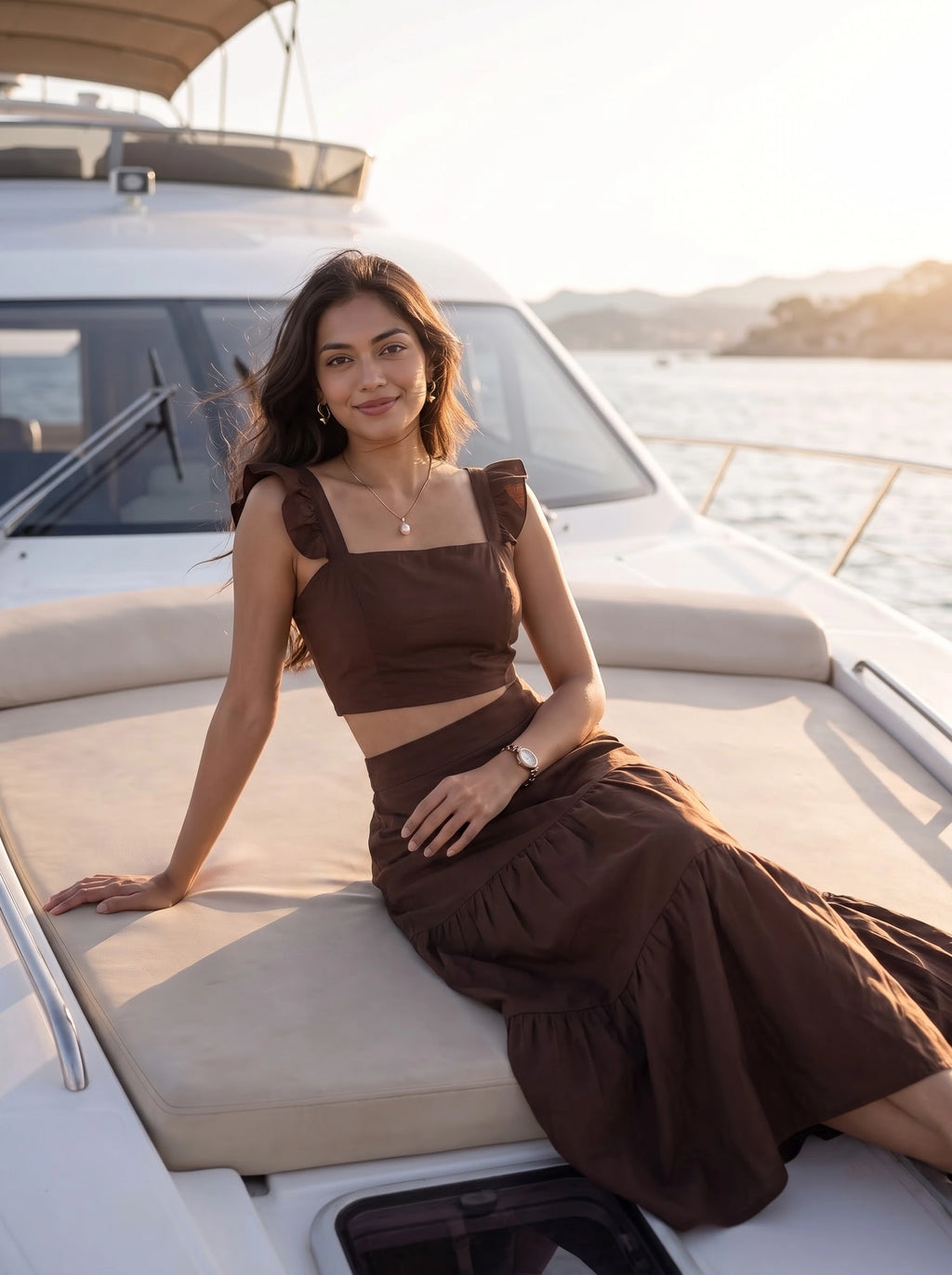 Mocha Ruffle Strap Crop Top & Tiered Skirt Co-Ord Set