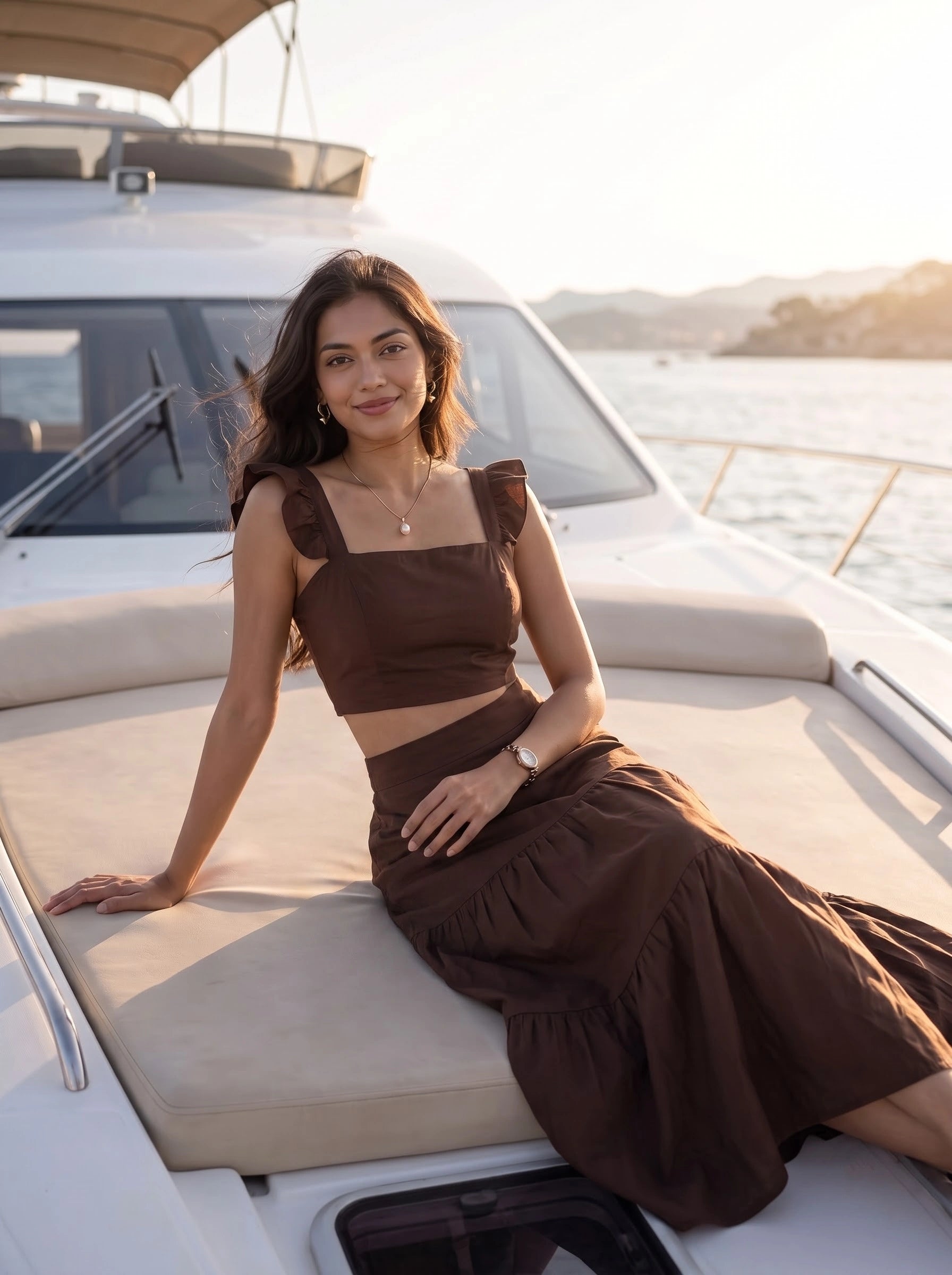 Mocha Ruffle Strap Crop Top & Tiered Skirt Co-Ord Set