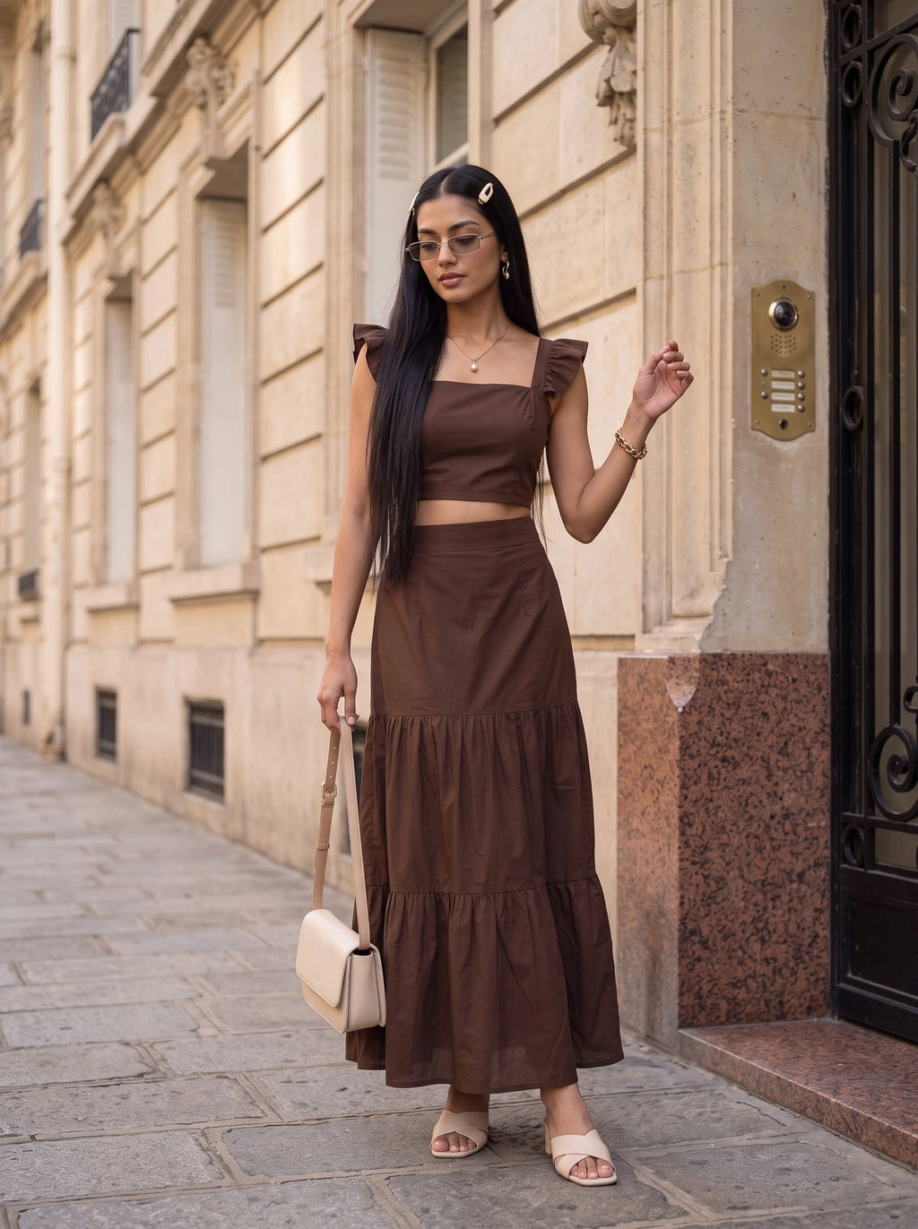 Mocha Ruffle Strap Crop Top & Tiered Skirt Co-Ord Set