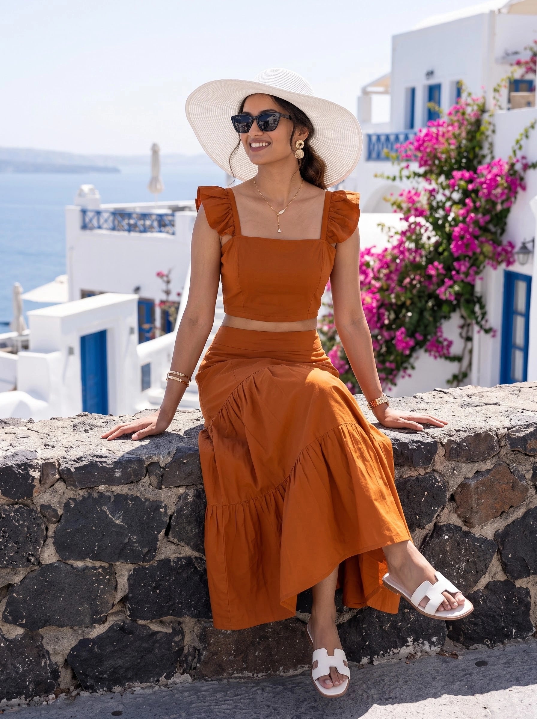 Rust Orange Ruffle Sleeve Crop Top & Tiered Skirt Co-Ord Set